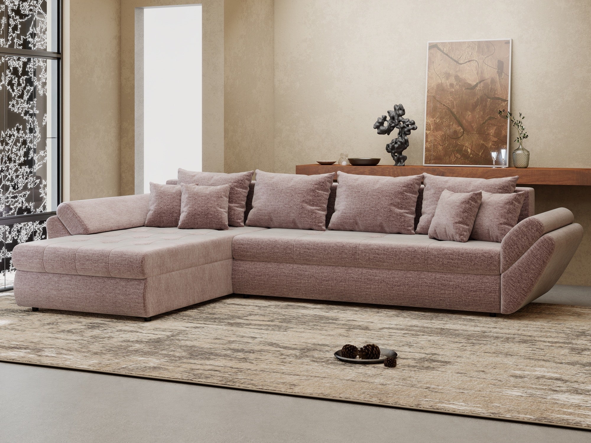 Colțar extensibil dumonde cu ladă de depozitare si sezut confortabil din spuma high-density, Loana XL Monolith Roz Pudrat 335x185 cm