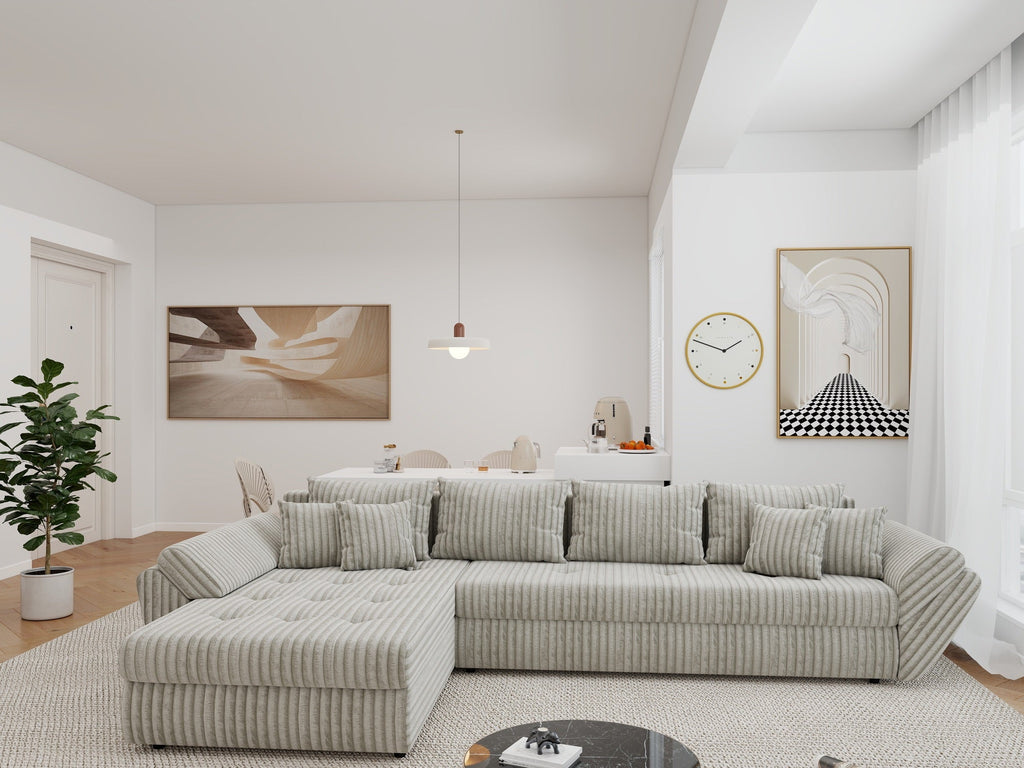 Colțar extensibil dumonde cu ladă de depozitare si sezut confortabil din spuma high-density, Loana XL Tilia Gri- Bej 335x185 cm