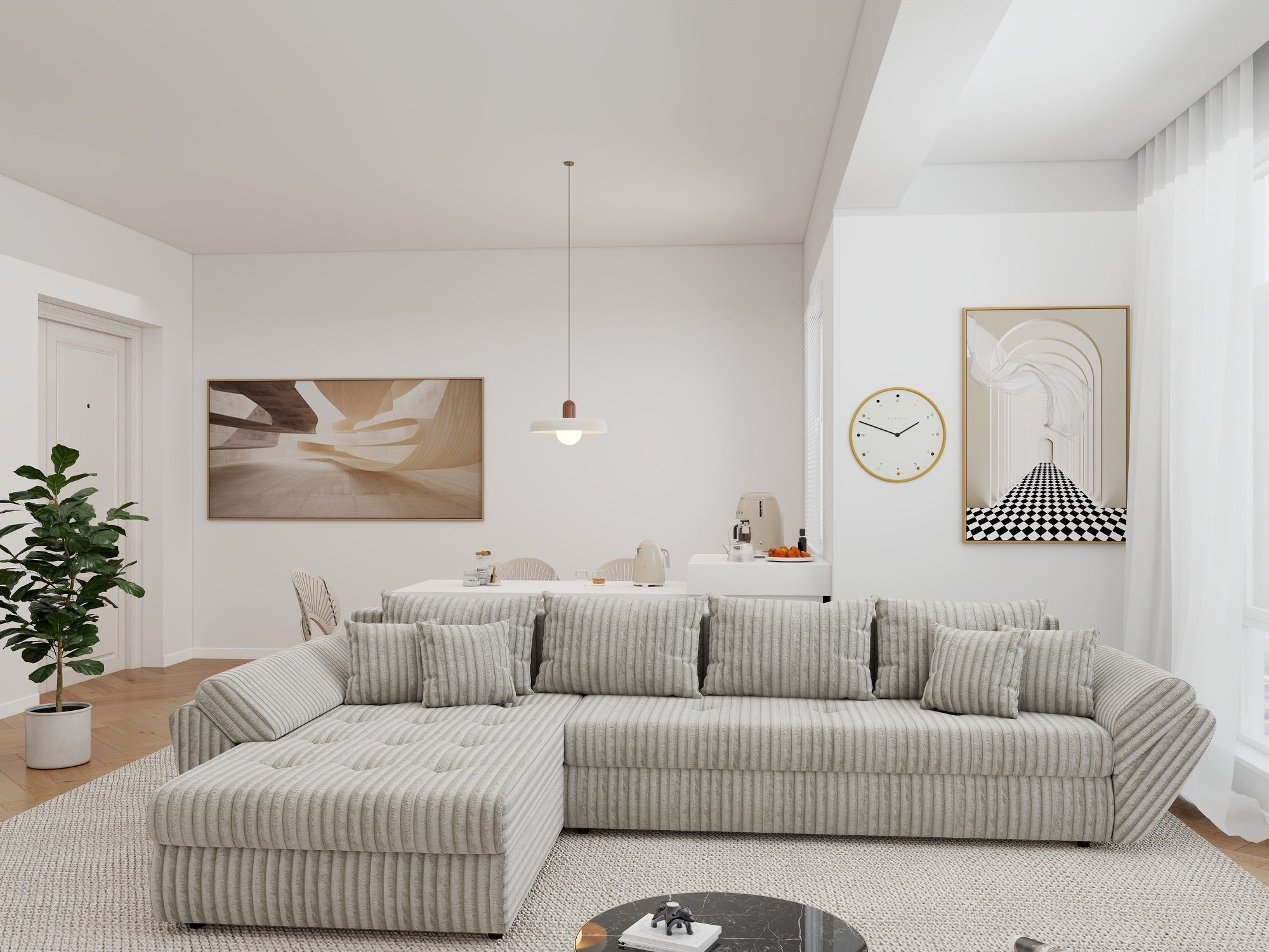 Colțar extensibil dumonde cu ladă de depozitare si sezut confortabil din spuma high-density, Loana XL Tilia Gri- Bej 335x185 cm