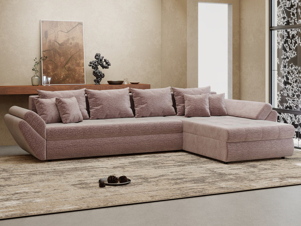 Colțar extensibil dumonde cu ladă de depozitare si sezut confortabil din spuma high-density, Loana XL Monolith Roz Pudrat II 335x185 cm