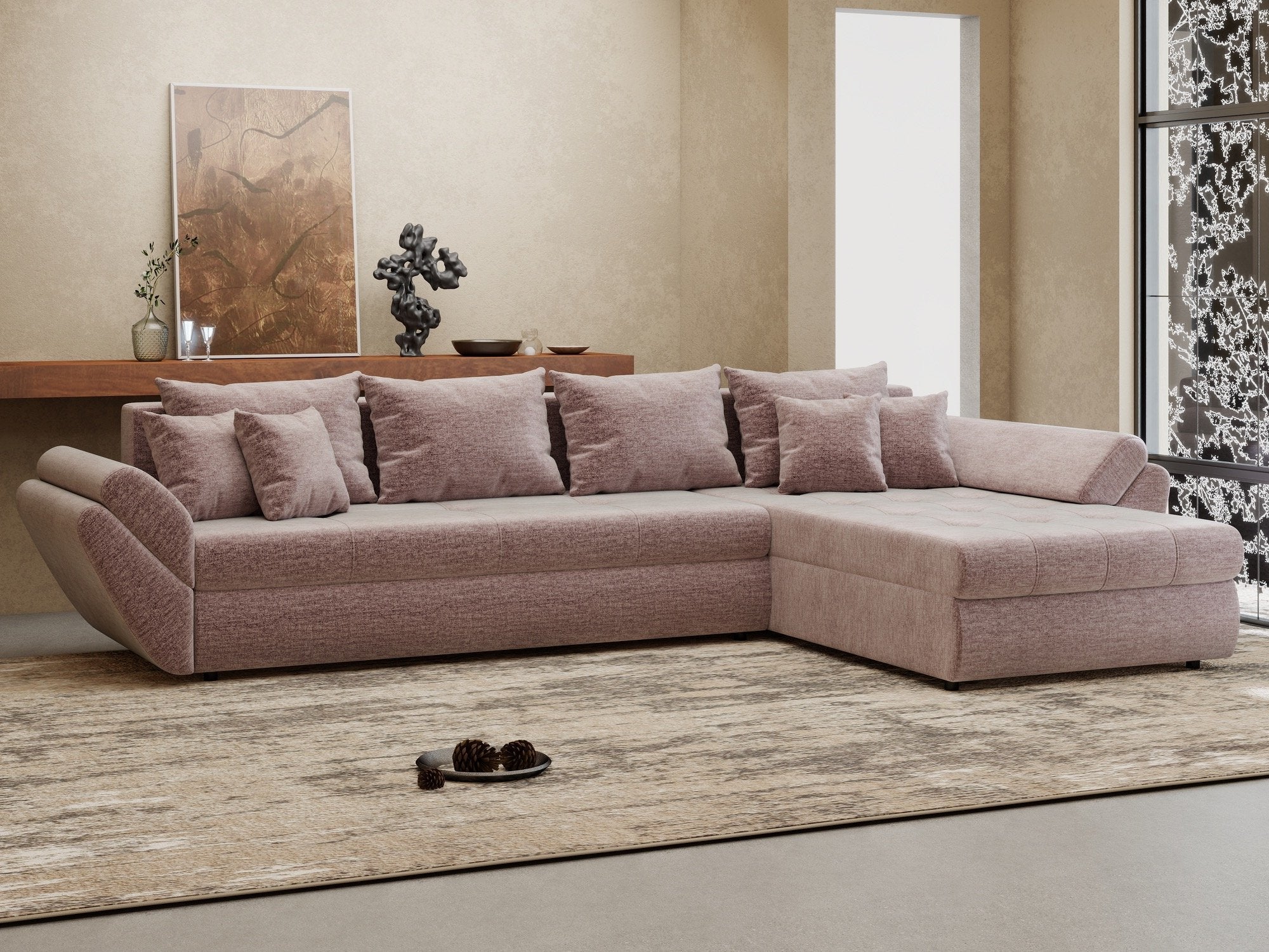 Colțar extensibil dumonde cu ladă de depozitare si sezut confortabil din spuma high-density, Loana XL Monolith Roz Pudrat II 335x185 cm