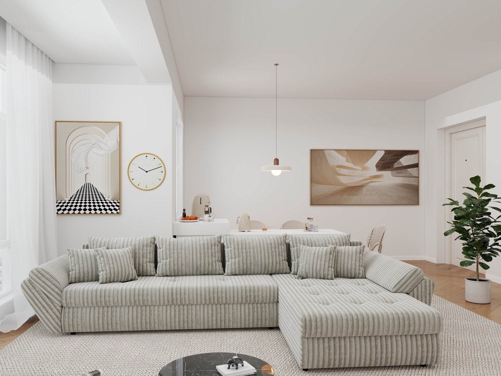 Colțar extensibil dumonde cu ladă de depozitare si sezut confortabil din spuma high-density, Loana XL Tilia Gri- Bej II 335x185 cm