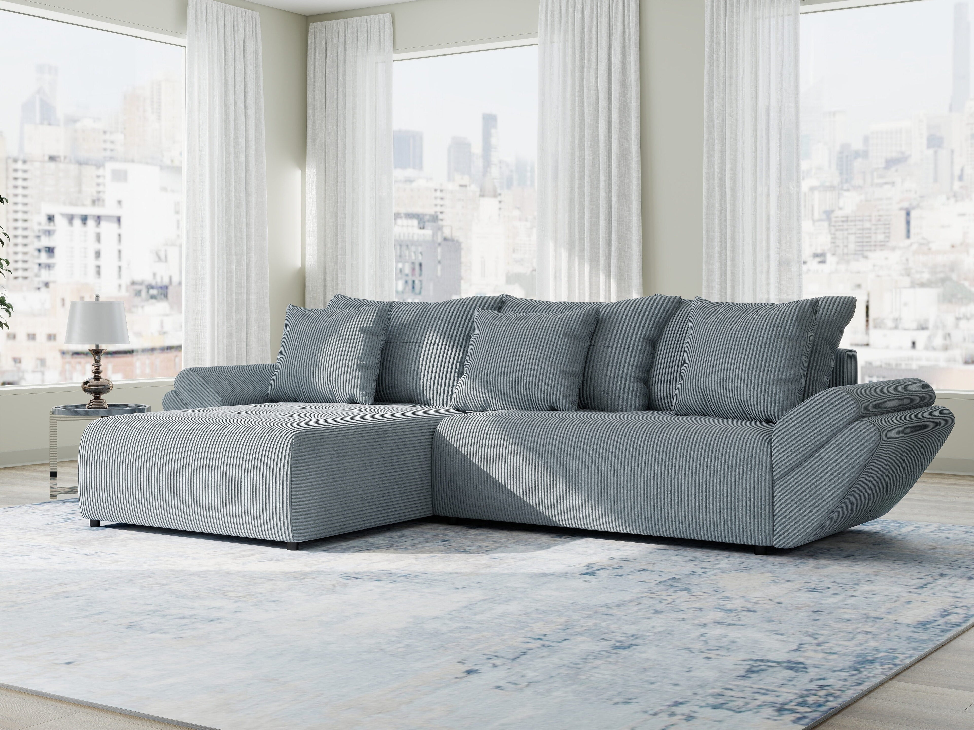 Colțar extensibil dumonde cu ladă de depozitare si sezut confortabil din spuma high-density, Berlin Zoom Gri Mint 280x185 cm