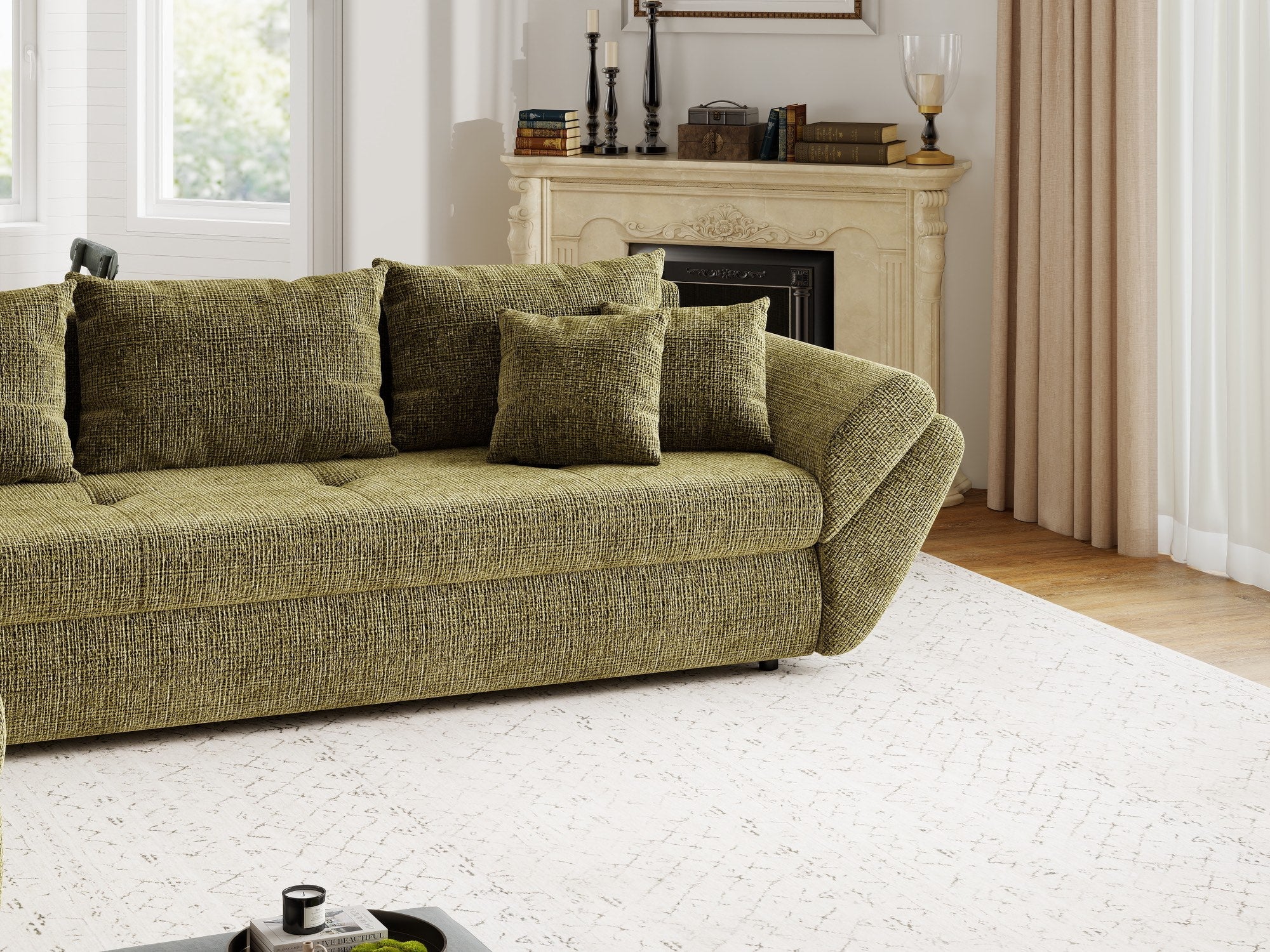 Colțar extensibil dumonde cu ladă de depozitare si sezut confortabil din spuma high-density, Loana XL Cremona Olive 335x185 cm