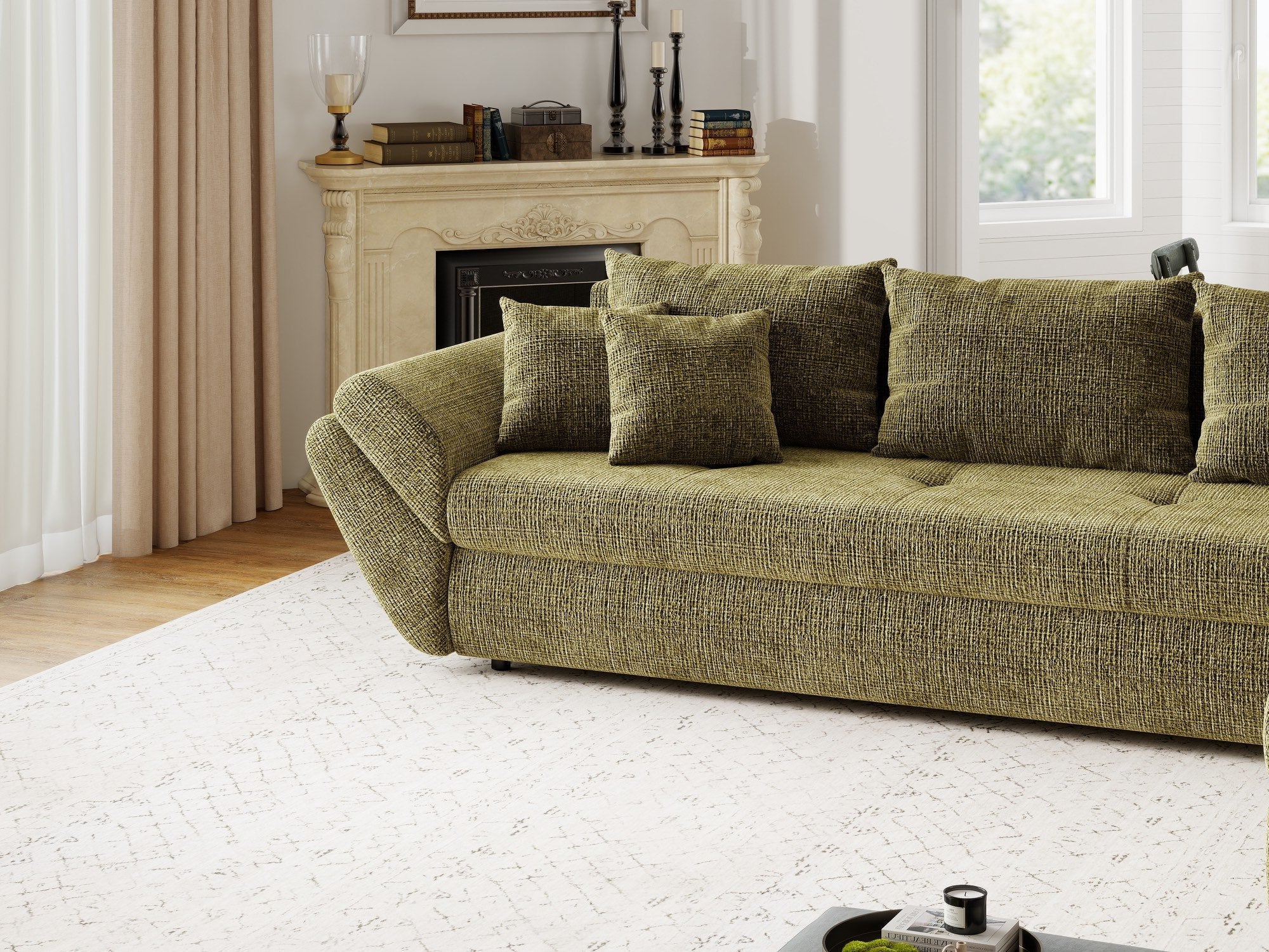 Colțar extensibil dumonde cu ladă de depozitare si sezut confortabil din spuma high-density, Loana XL Cremona Olive II 335x185 cm