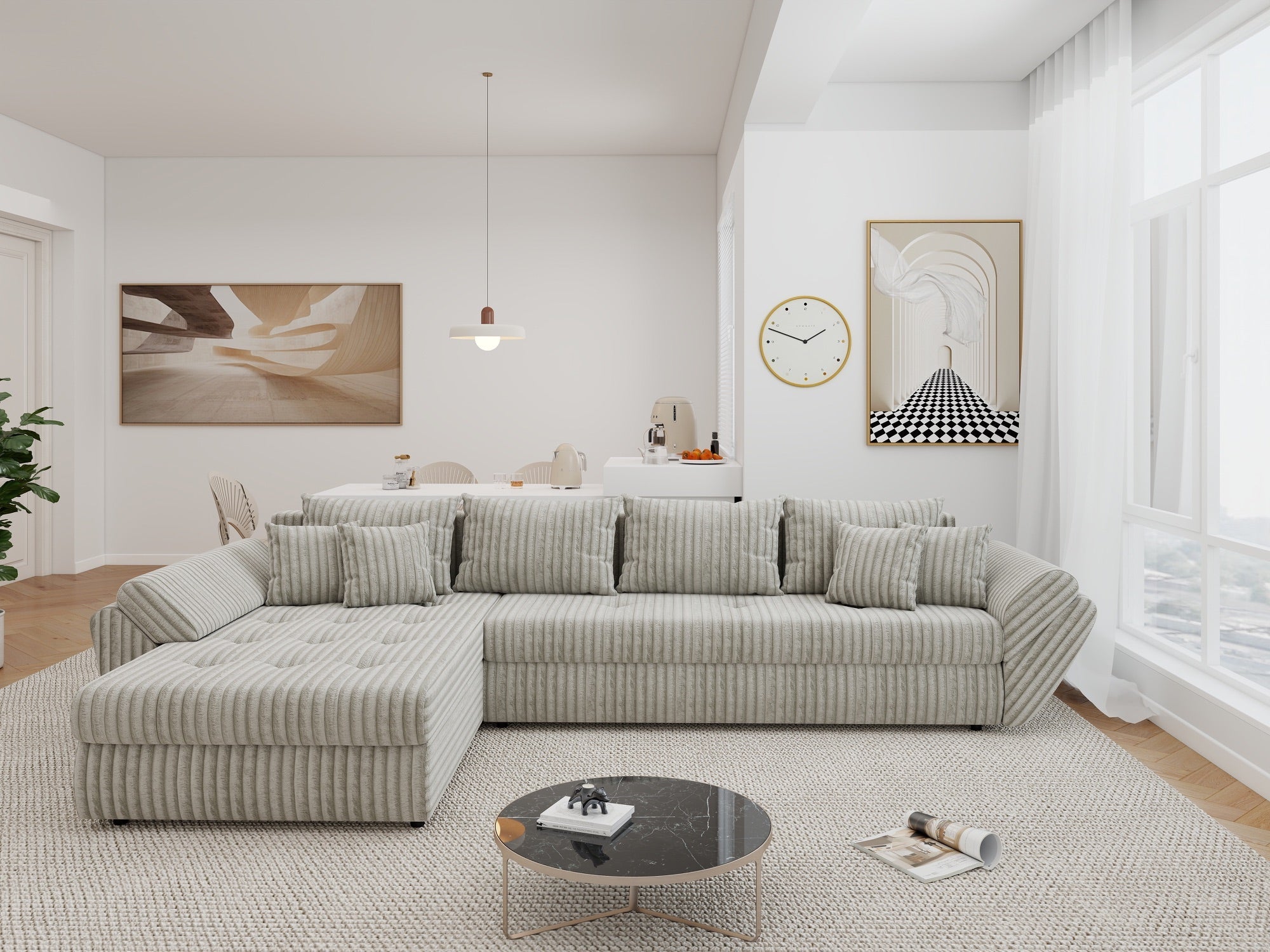Colțar extensibil dumonde cu ladă de depozitare si sezut confortabil din spuma high-density, Loana XL Tilia Gri- Bej 335x185 cm