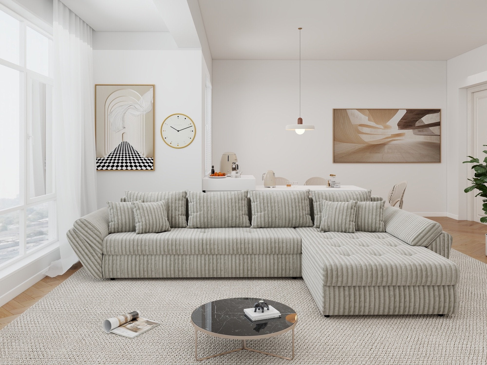Colțar extensibil dumonde cu ladă de depozitare si sezut confortabil din spuma high-density, Loana XL Tilia Gri- Bej II 335x185 cm
