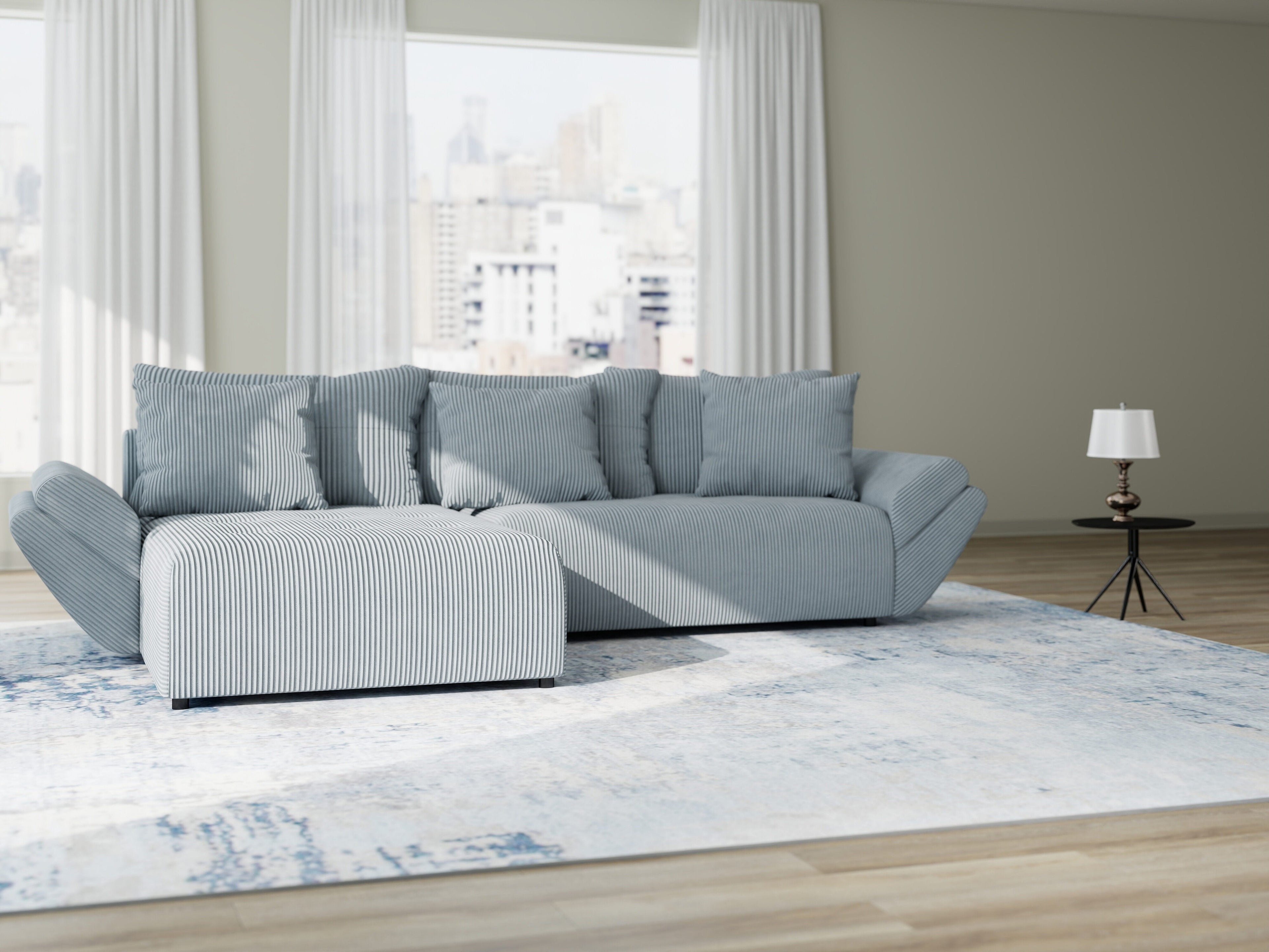 Colțar extensibil dumonde cu ladă de depozitare si sezut confortabil din spuma high-density, Berlin Zoom Gri Mint 280x185 cm