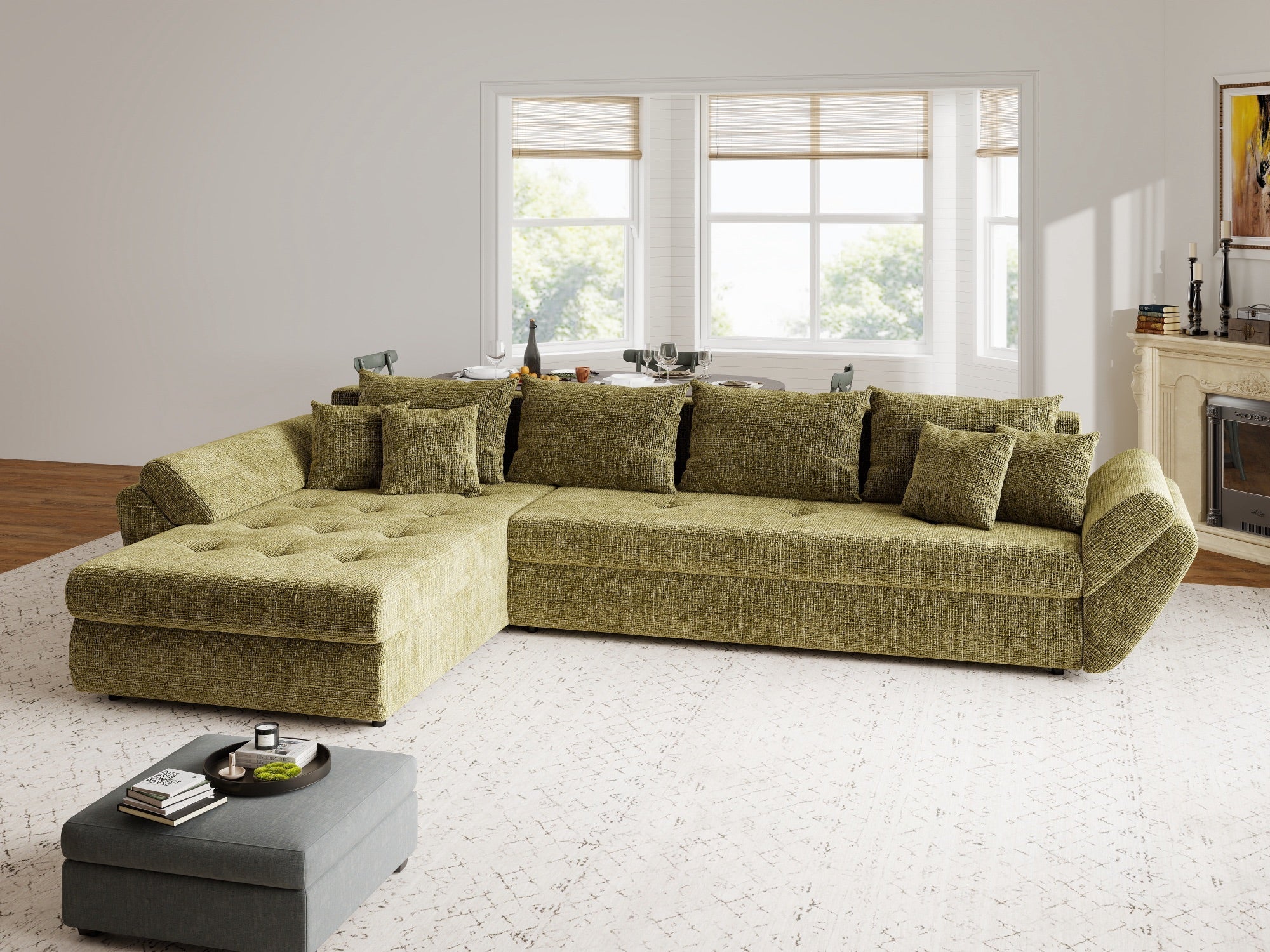 Colțar extensibil dumonde cu ladă de depozitare si sezut confortabil din spuma high-density, Loana XL Cremona Olive 335x185 cm