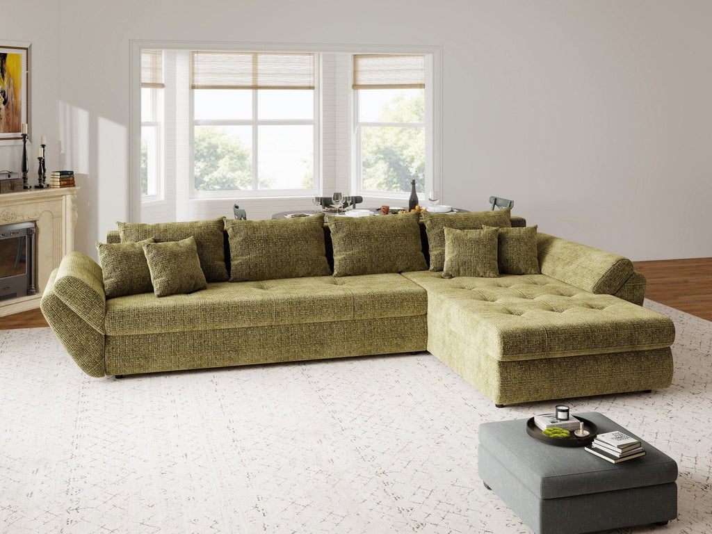 Colțar extensibil dumonde cu ladă de depozitare si sezut confortabil din spuma high-density, Loana XL Cremona Olive II 335x185 cm