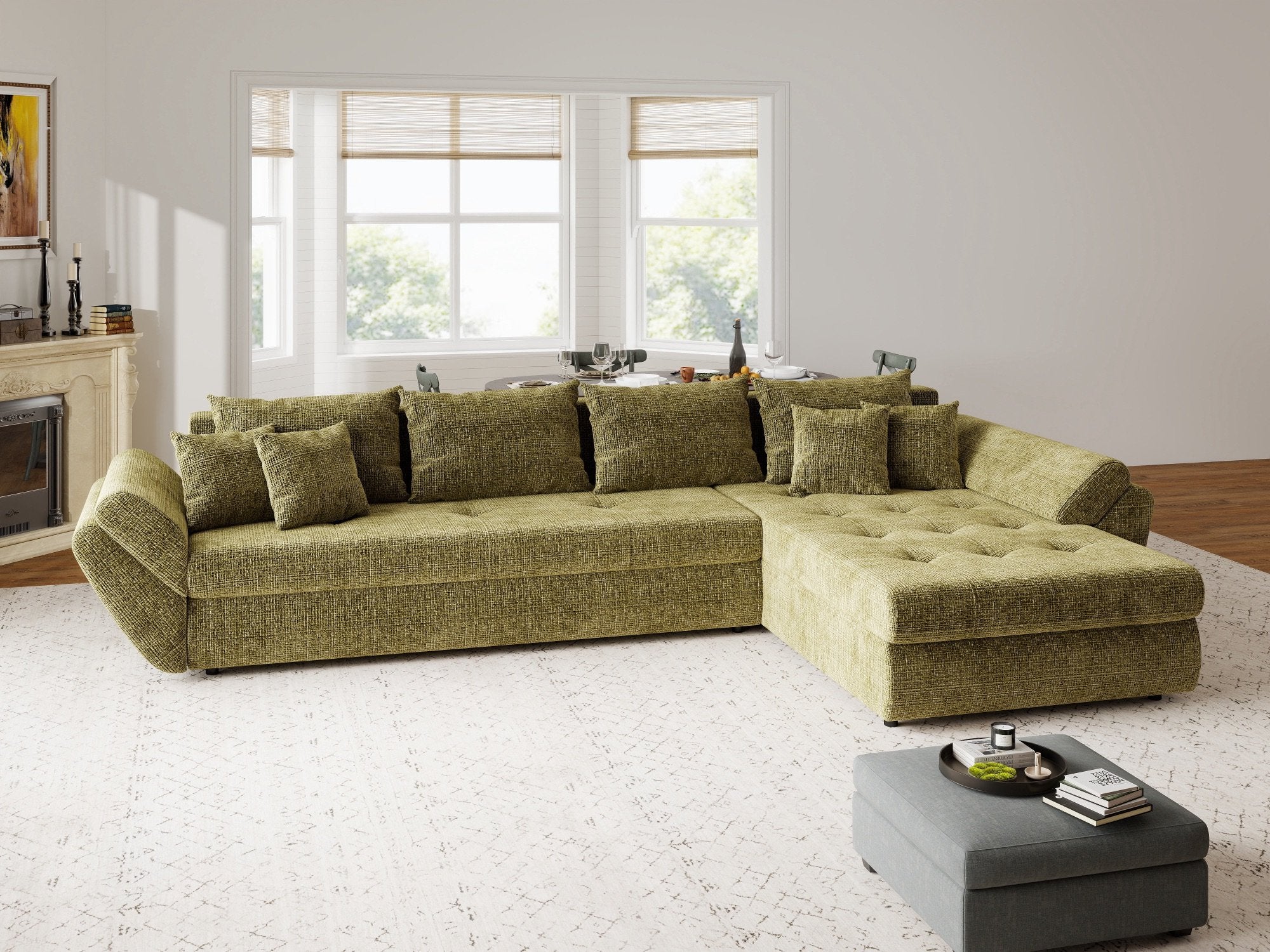 Colțar extensibil dumonde cu ladă de depozitare si sezut confortabil din spuma high-density, Loana XL Cremona Olive II 335x185 cm