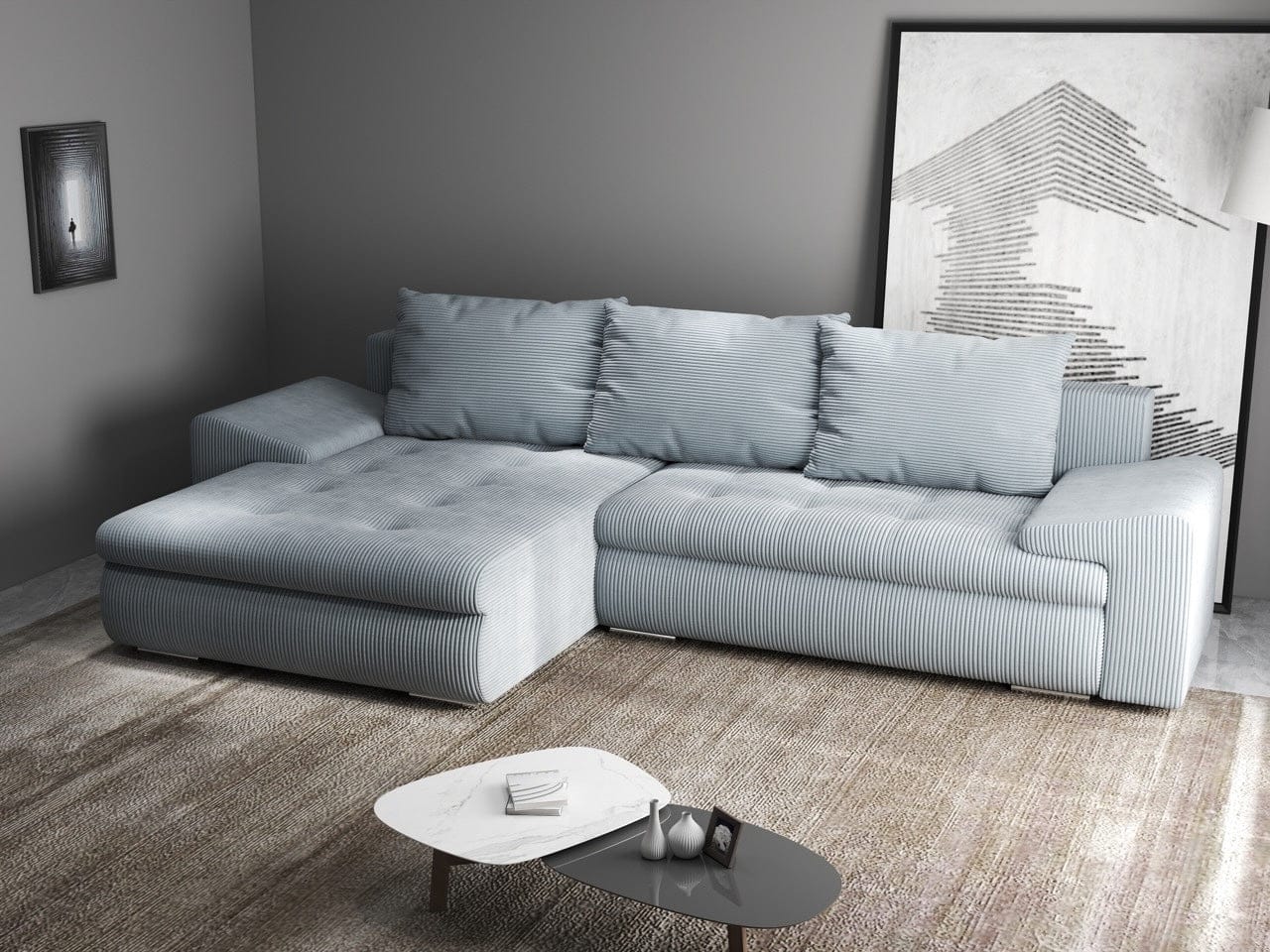 Colțar extensibil dumonde cu ladă de depozitare si sezut confortabil din spuma high-density, Leonardo Zoom Grey 260x185 cm