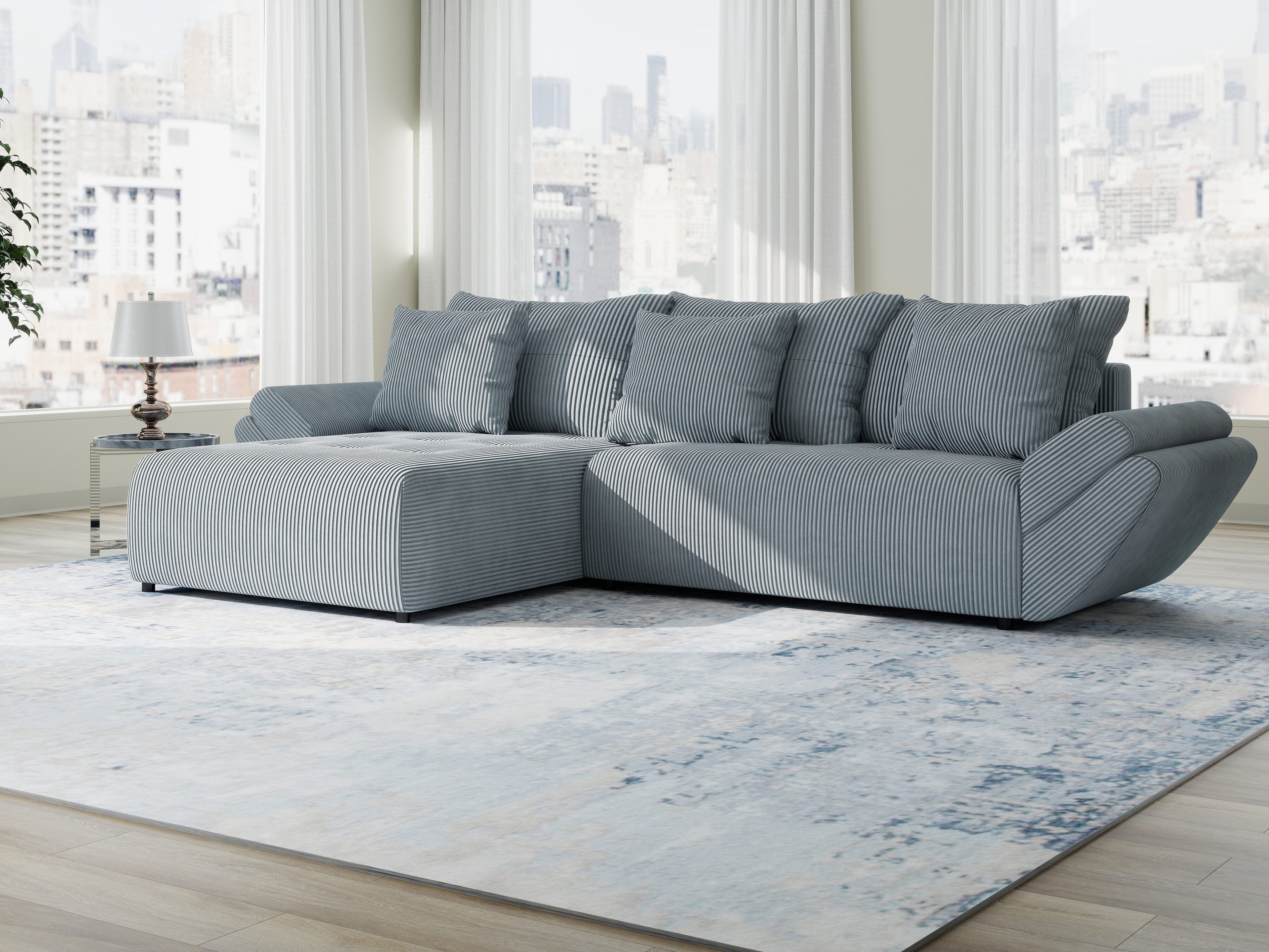 Colțar extensibil dumonde cu ladă de depozitare si sezut confortabil din spuma high-density, Berlin Zoom Gri Mint 280x185 cm