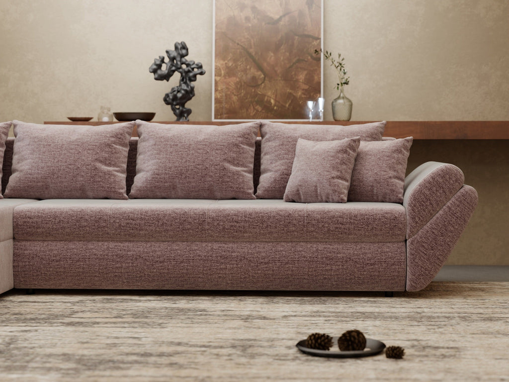 Colțar extensibil dumonde cu ladă de depozitare si sezut confortabil din spuma high-density, Loana XL Monolith Roz Pudrat 335x185 cm