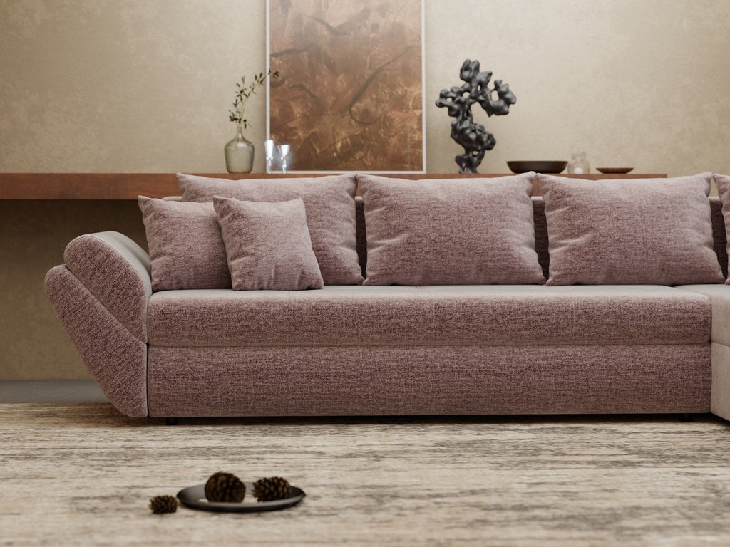 Colțar extensibil dumonde cu ladă de depozitare si sezut confortabil din spuma high-density, Loana XL Monolith Roz Pudrat II 335x185 cm