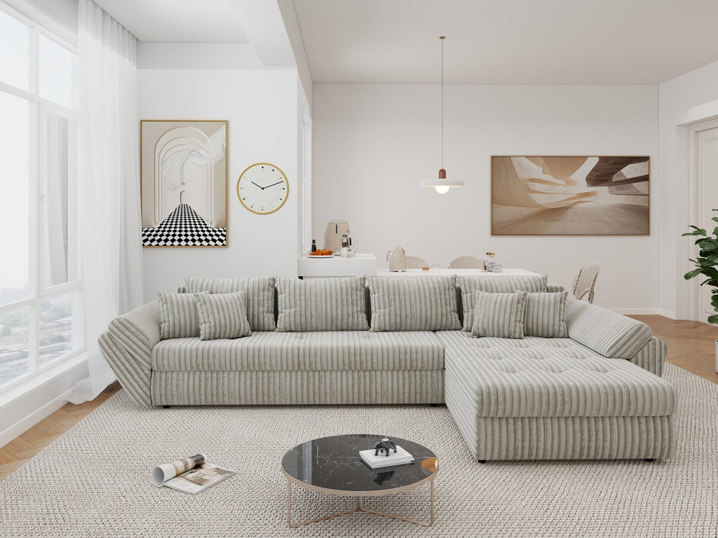 Colțar extensibil dumonde cu ladă de depozitare si sezut confortabil din spuma high-density, Loana XL Tilia Gri- Bej II 335x185 cm