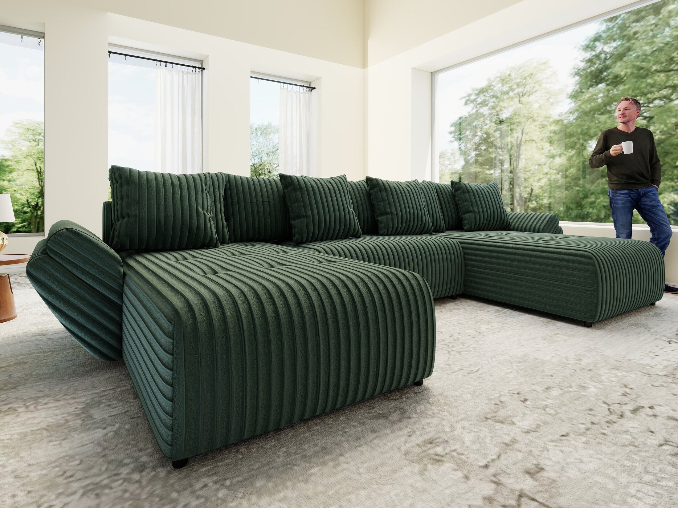 Colțar extensibil dumonde cu ladă de depozitare si sezut confortabil din spuma high-density, Berlin U Ambience Green 380x180 cm