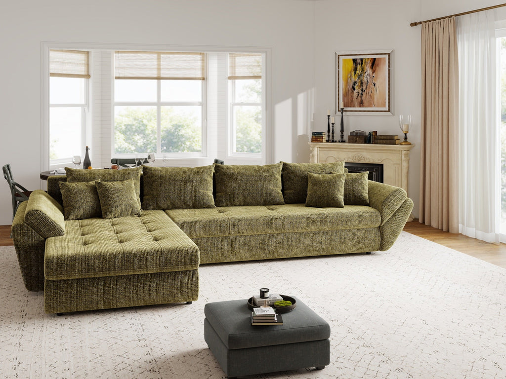 Colțar extensibil dumonde cu ladă de depozitare si sezut confortabil din spuma high-density, Loana XL Cremona Olive 335x185 cm
