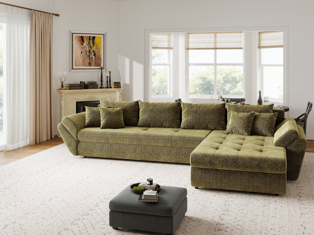 Colțar extensibil dumonde cu ladă de depozitare si sezut confortabil din spuma high-density, Loana XL Cremona Olive II 335x185 cm