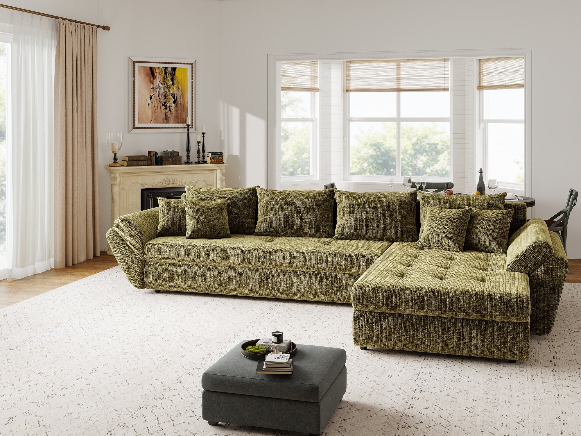 Colțar extensibil dumonde cu ladă de depozitare si sezut confortabil din spuma high-density, Loana XL Cremona Olive II 335x185 cm