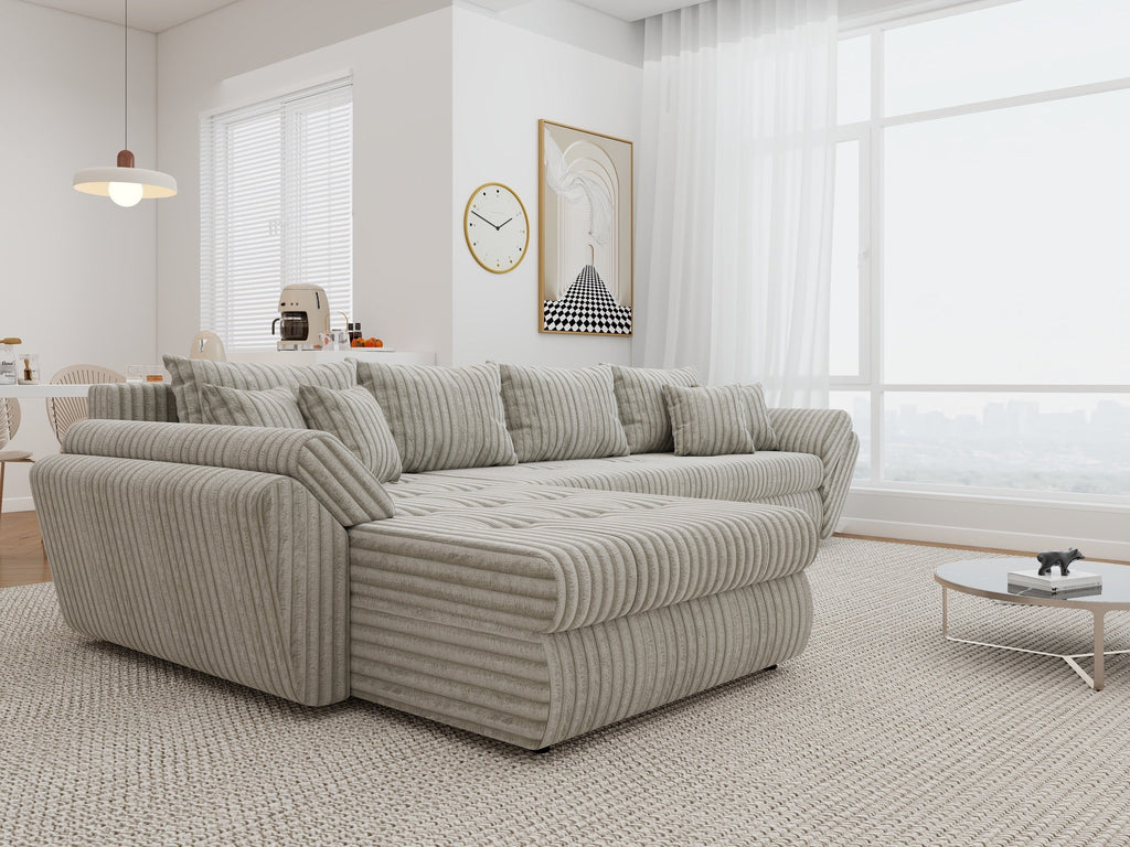 Colțar extensibil dumonde cu ladă de depozitare si sezut confortabil din spuma high-density, Loana XL Tilia Bej 08 335x185 cm