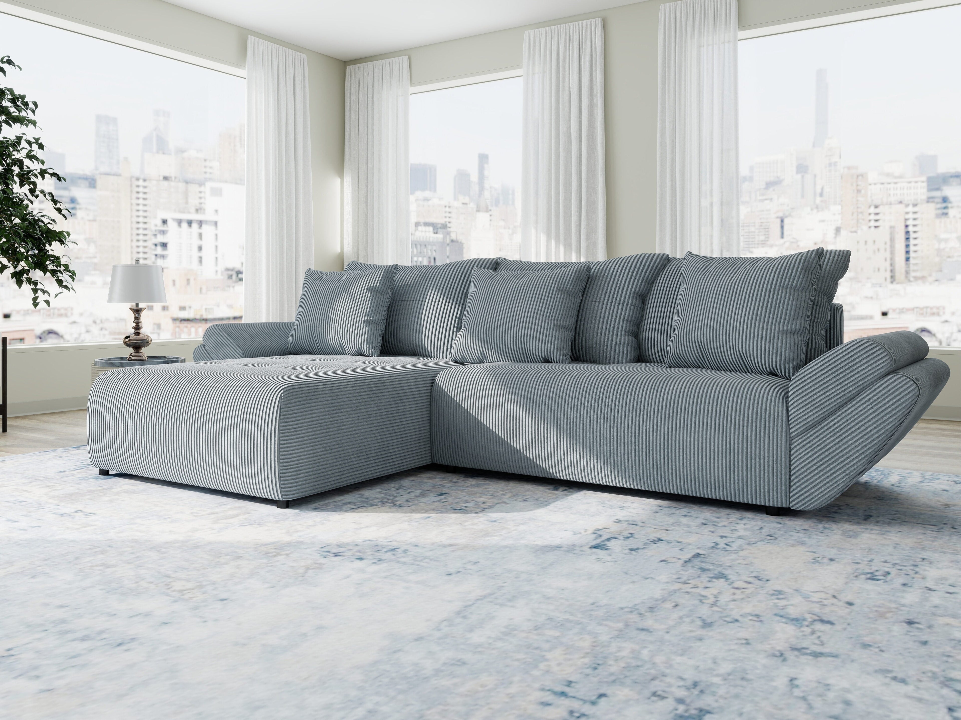 Colțar extensibil dumonde cu ladă de depozitare si sezut confortabil din spuma high-density, Berlin Zoom Gri Mint 280x185 cm