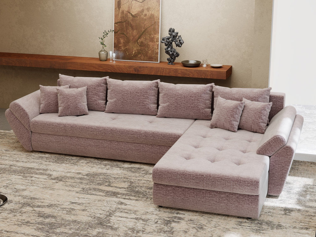 Colțar extensibil dumonde cu ladă de depozitare si sezut confortabil din spuma high-density, Loana XL Monolith Roz Pudrat II 335x185 cm