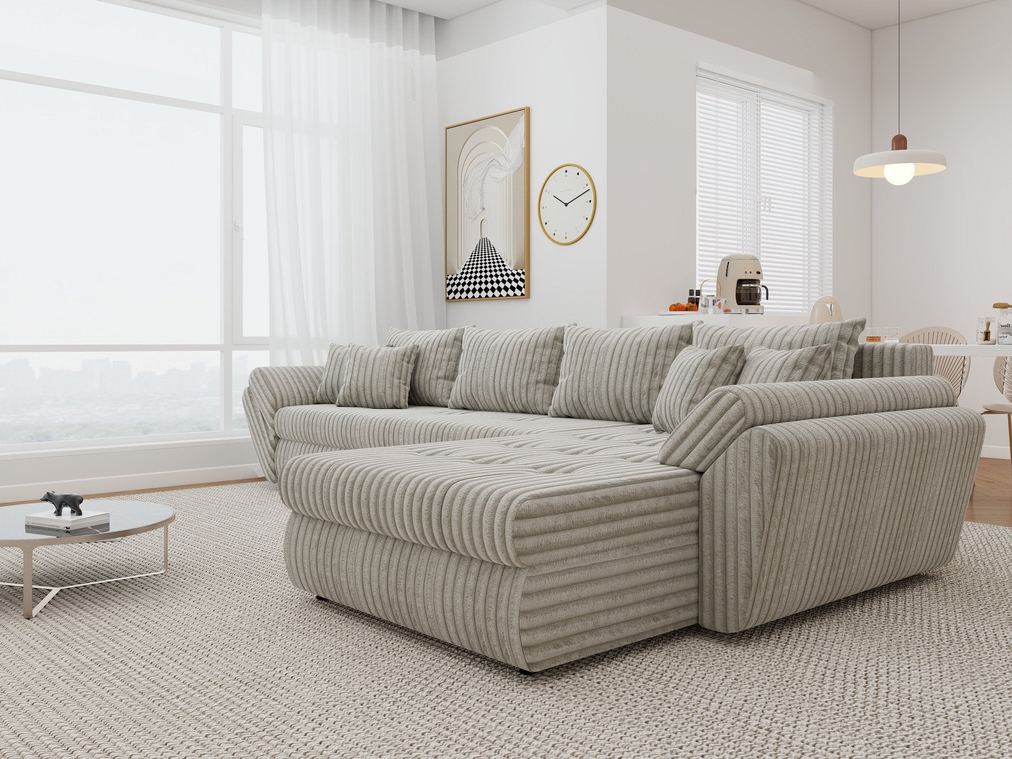 Colțar extensibil dumonde cu ladă de depozitare si sezut confortabil din spuma high-density, Loana XL Tilia Bej 08 II 335x185 cm