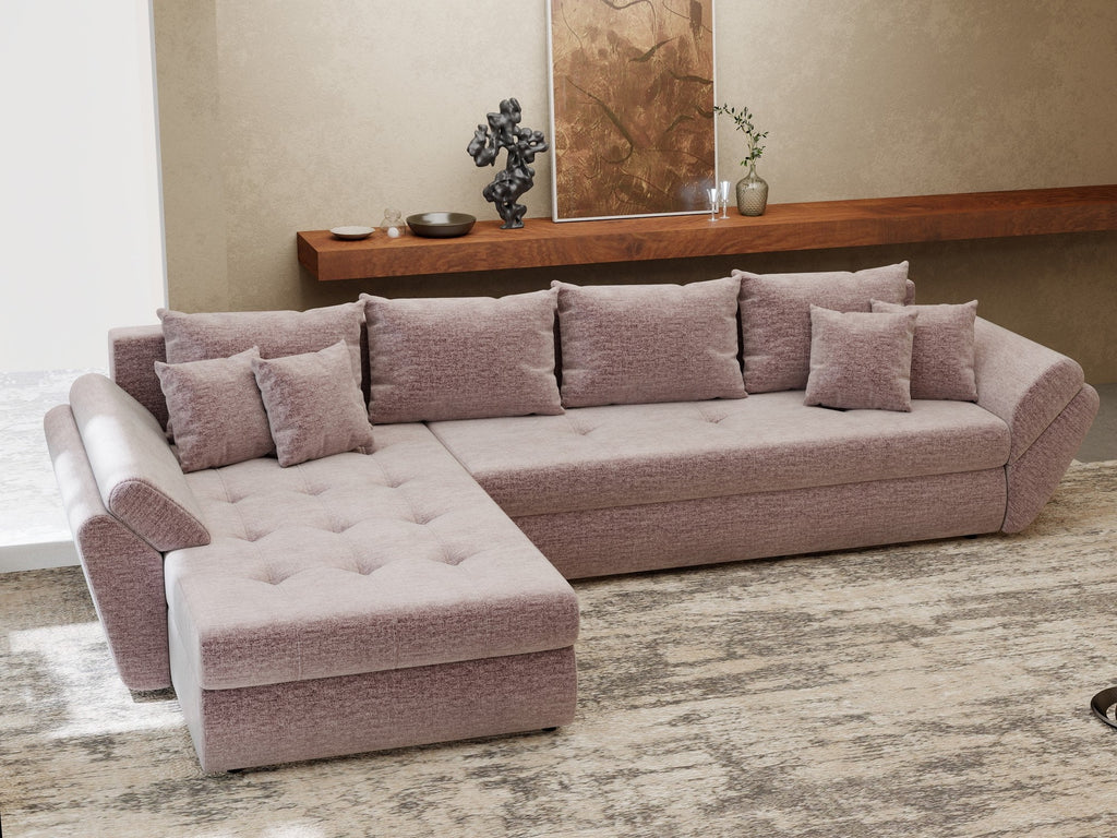 Colțar extensibil dumonde cu ladă de depozitare si sezut confortabil din spuma high-density, Loana XL Monolith Roz Pudrat 335x185 cm