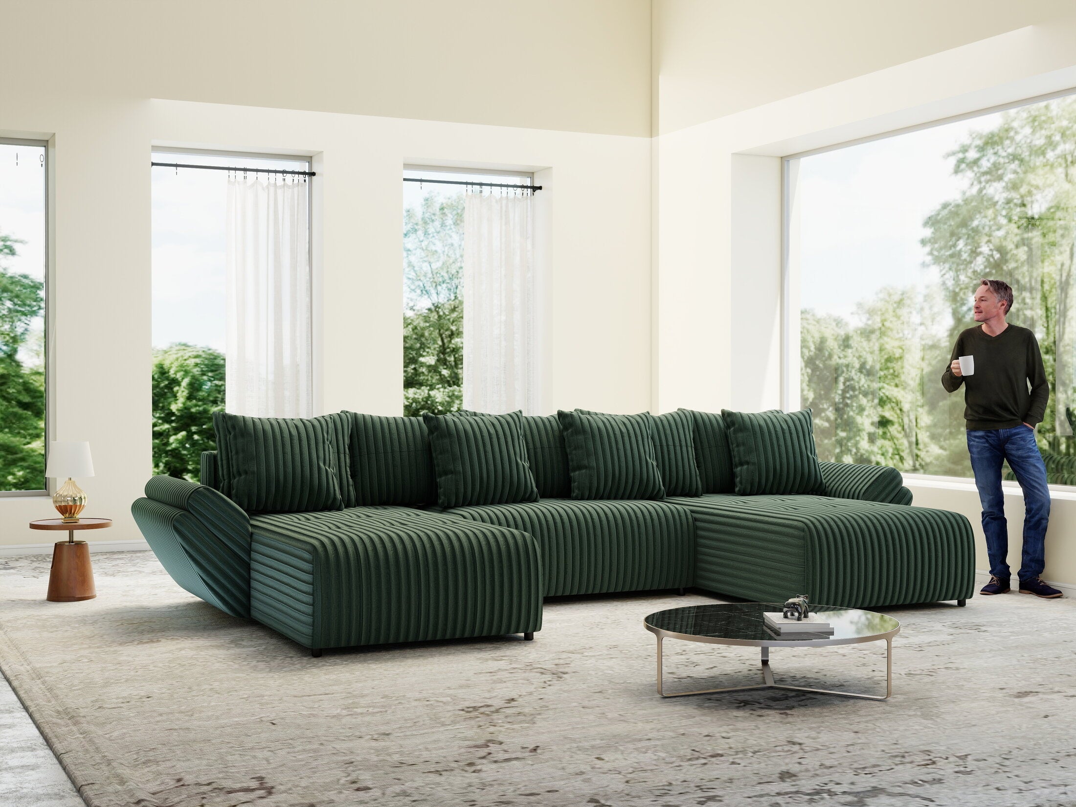 Colțar extensibil dumonde cu ladă de depozitare si sezut confortabil din spuma high-density, Berlin U Ambience Green 380x180 cm