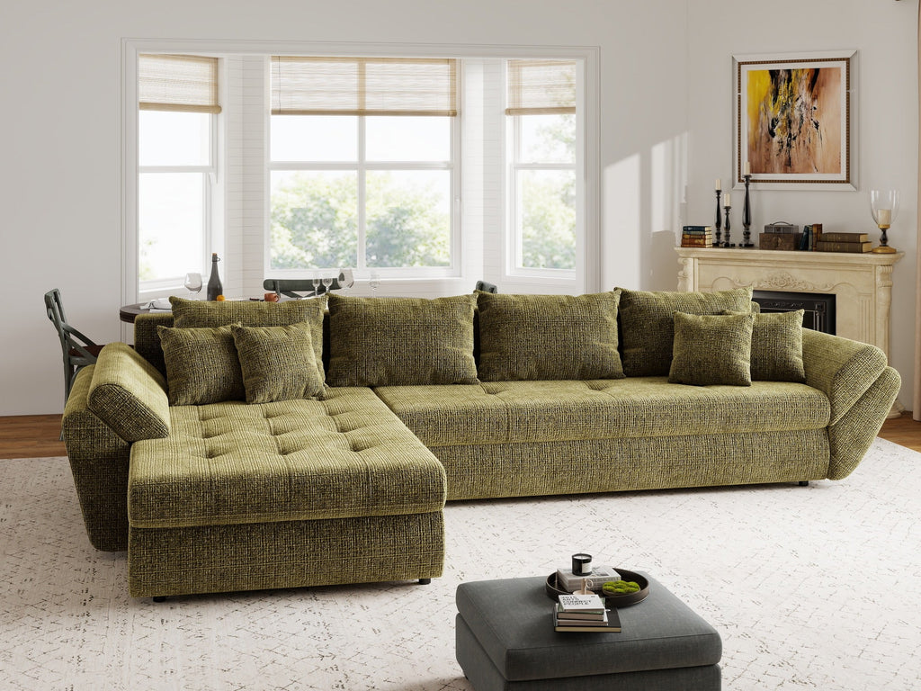 Colțar extensibil dumonde cu ladă de depozitare si sezut confortabil din spuma high-density, Loana XL Cremona Olive 335x185 cm