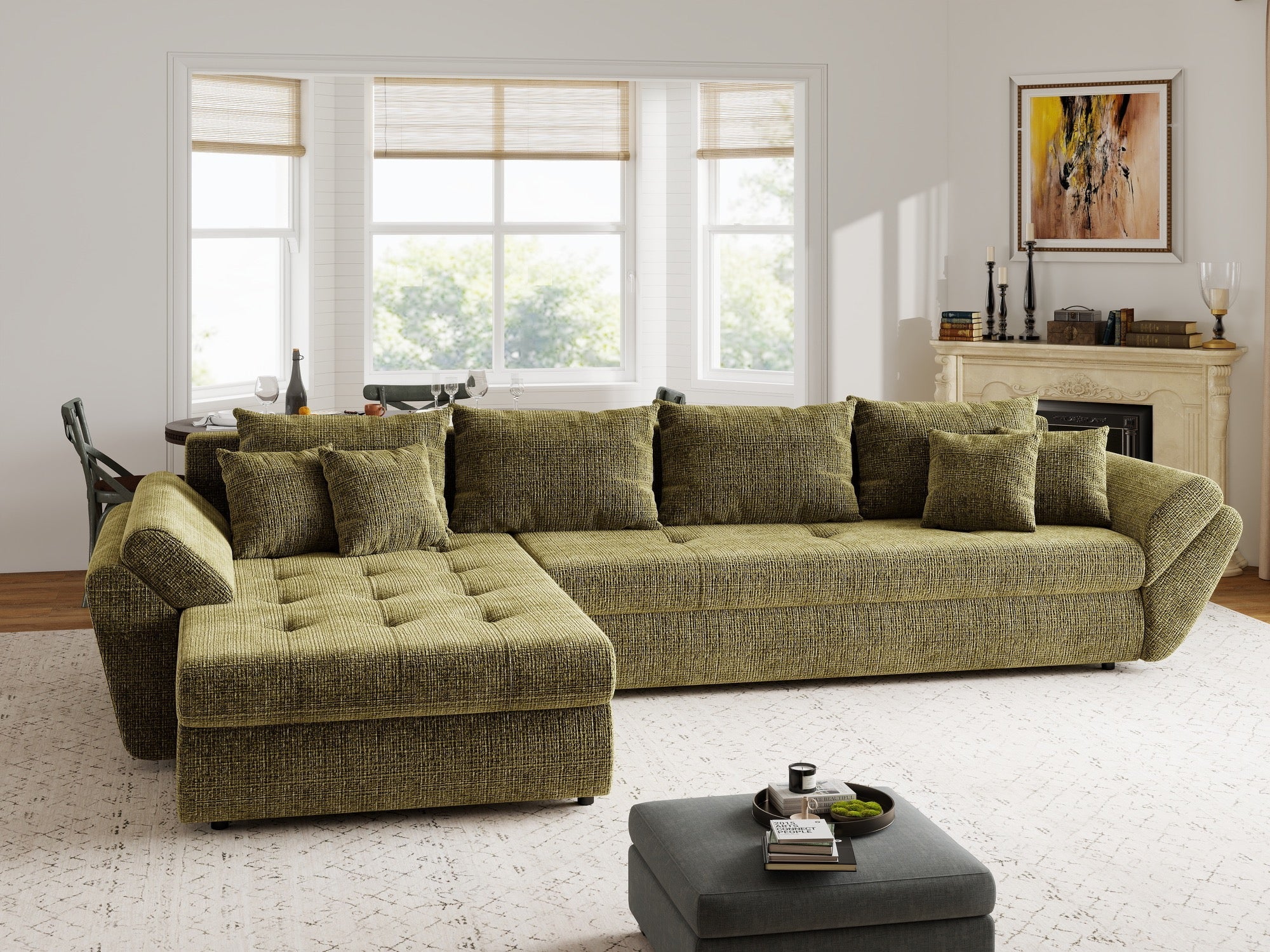 Colțar extensibil dumonde cu ladă de depozitare si sezut confortabil din spuma high-density, Loana XL Cremona Olive 335x185 cm