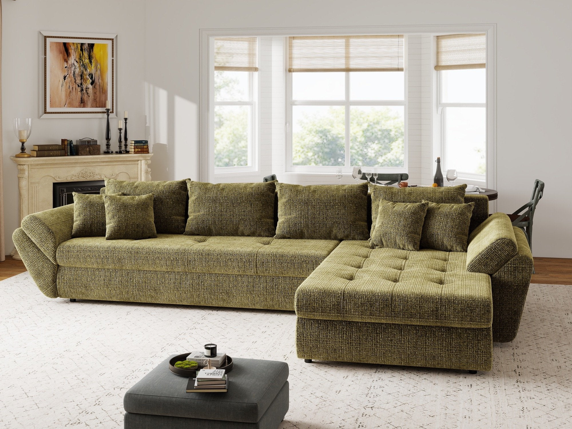 Colțar extensibil dumonde cu ladă de depozitare si sezut confortabil din spuma high-density, Loana XL Cremona Olive II 335x185 cm