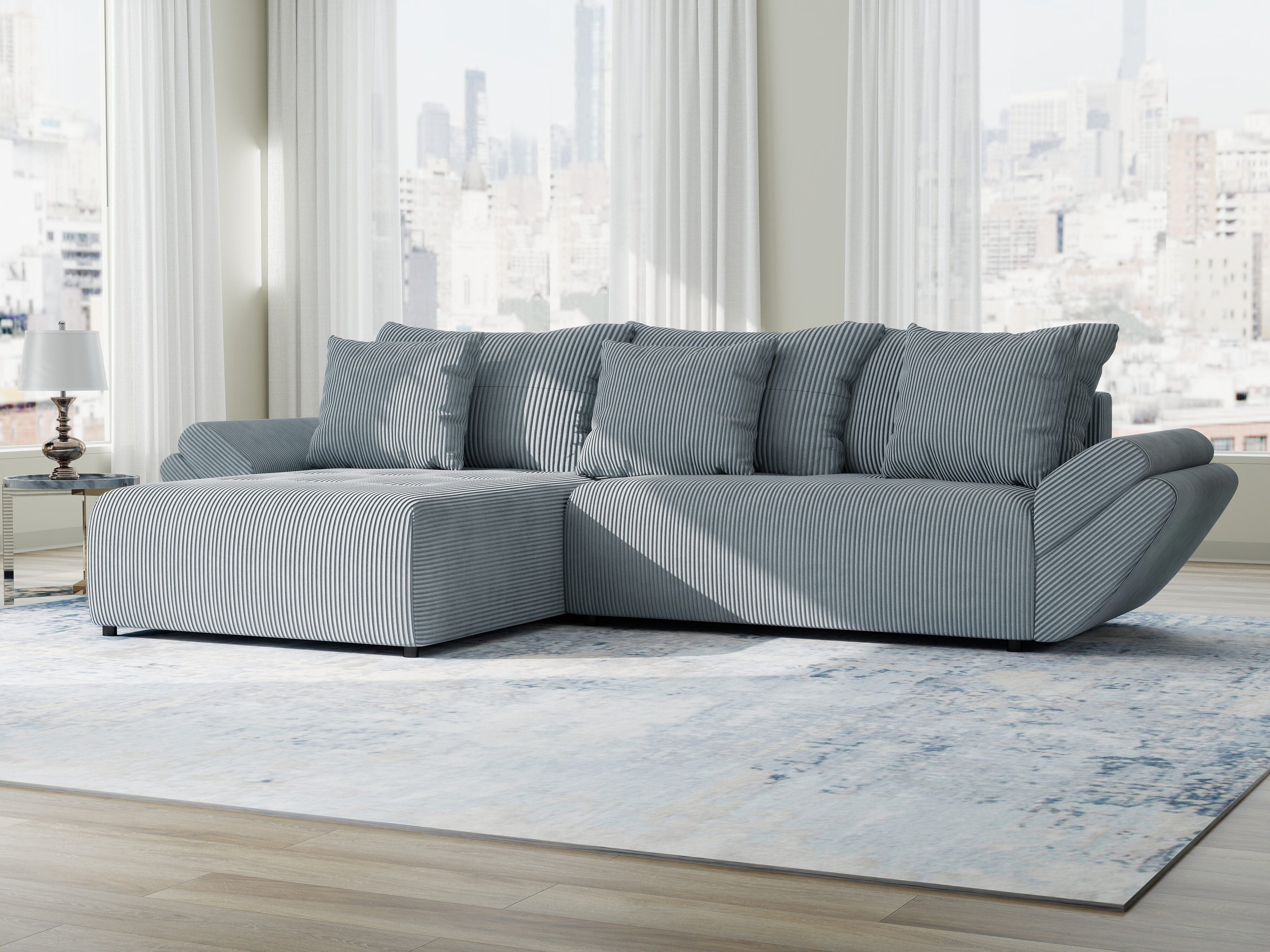 Colțar extensibil dumonde cu ladă de depozitare si sezut confortabil din spuma high-density, Berlin Zoom Gri Mint 280x185 cm