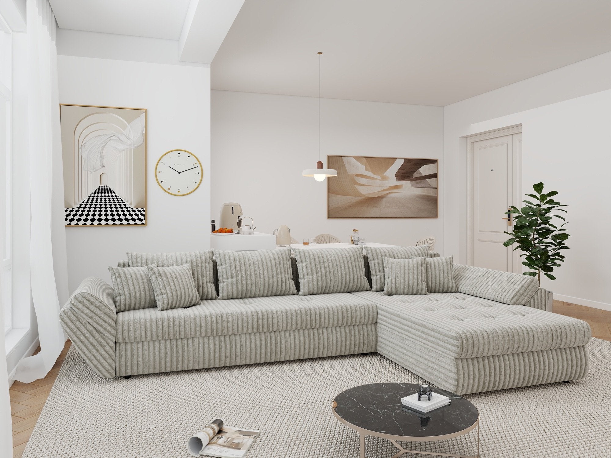 Colțar extensibil dumonde cu ladă de depozitare si sezut confortabil din spuma high-density, Loana XL Tilia Bej 08 II 335x185 cm