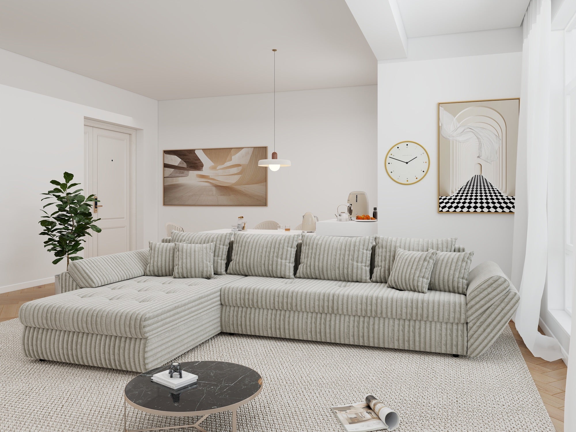 Colțar extensibil dumonde cu ladă de depozitare si sezut confortabil din spuma high-density, Loana XL Tilia Bej 08 335x185 cm
