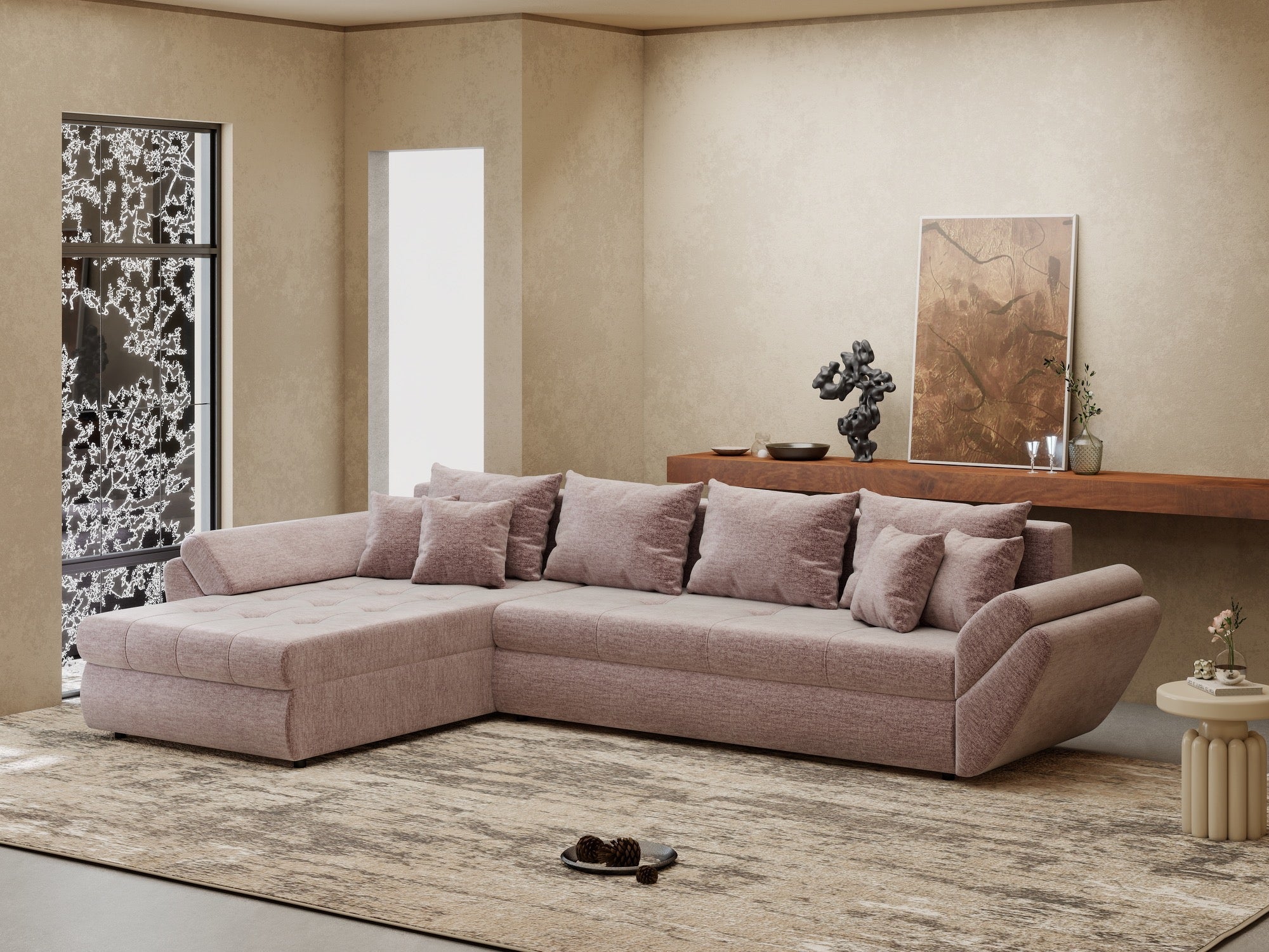 Colțar extensibil dumonde cu ladă de depozitare si sezut confortabil din spuma high-density, Loana XL Monolith Roz Pudrat 335x185 cm