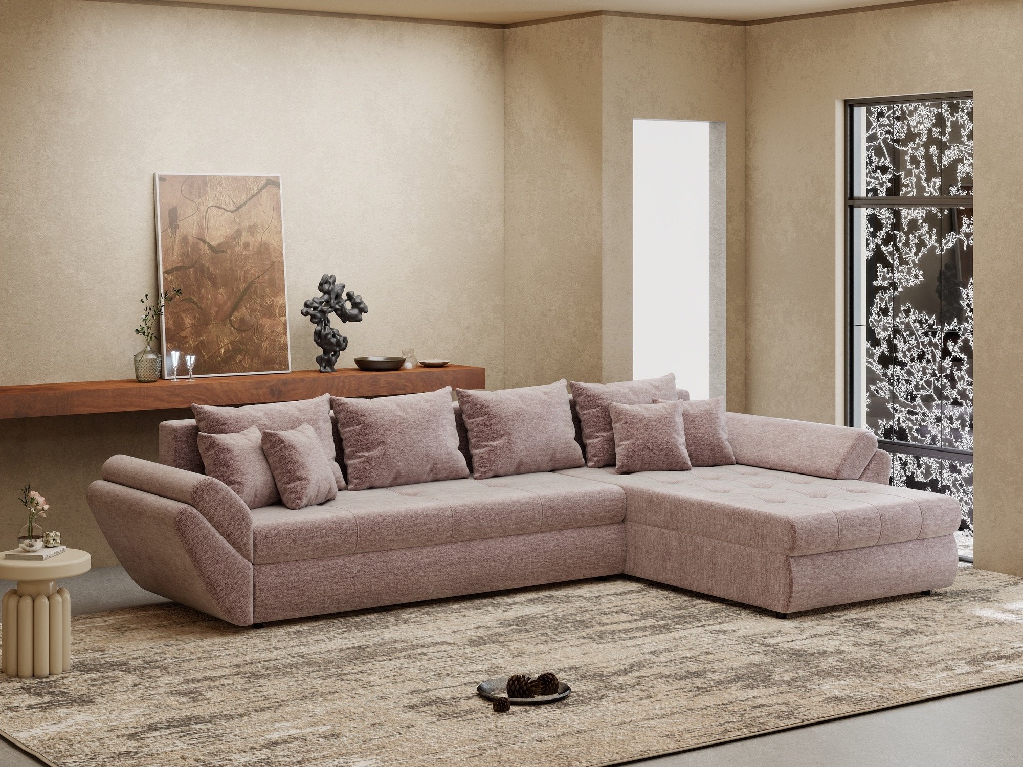 Colțar extensibil dumonde cu ladă de depozitare si sezut confortabil din spuma high-density, Loana XL Monolith Roz Pudrat II 335x185 cm