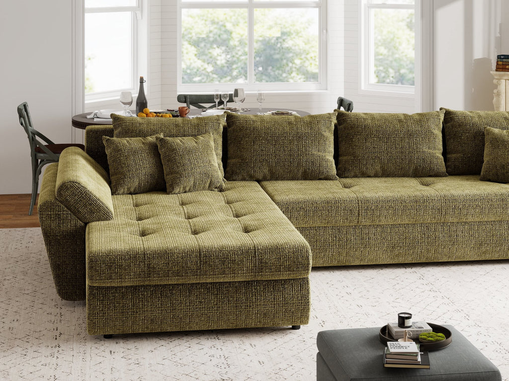 Colțar extensibil dumonde cu ladă de depozitare si sezut confortabil din spuma high-density, Loana XL Cremona Olive 335x185 cm