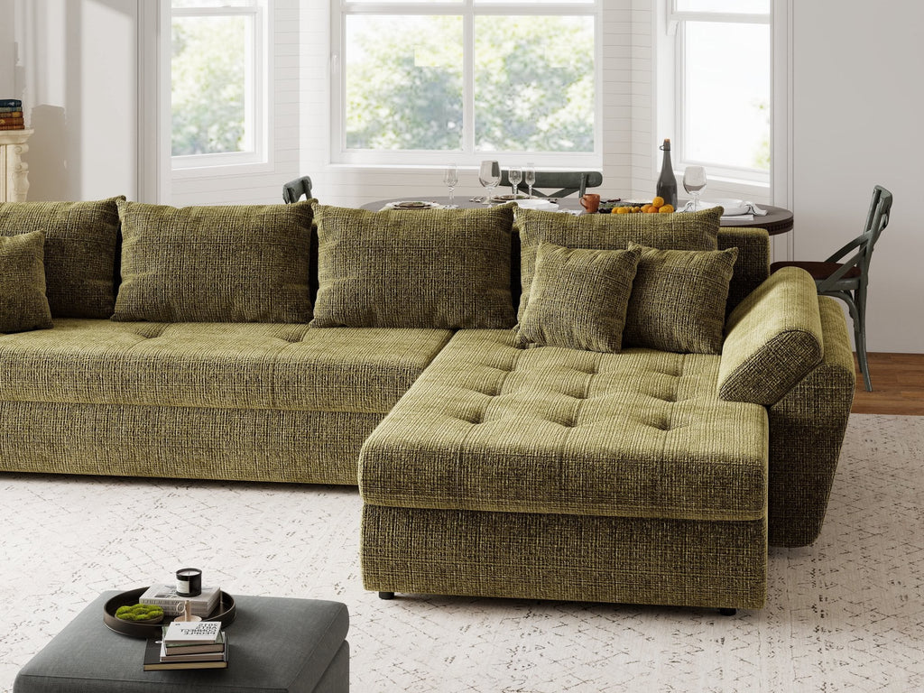 Colțar extensibil dumonde cu ladă de depozitare si sezut confortabil din spuma high-density, Loana XL Cremona Olive II 335x185 cm