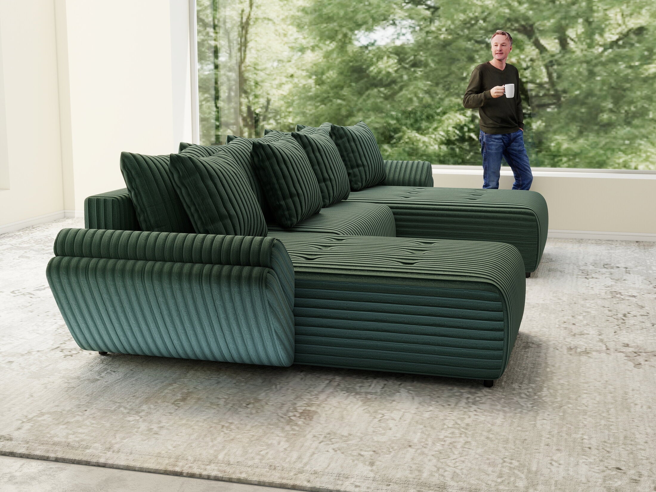 Colțar extensibil dumonde cu ladă de depozitare si sezut confortabil din spuma high-density, Berlin U Ambience Green 380x180 cm