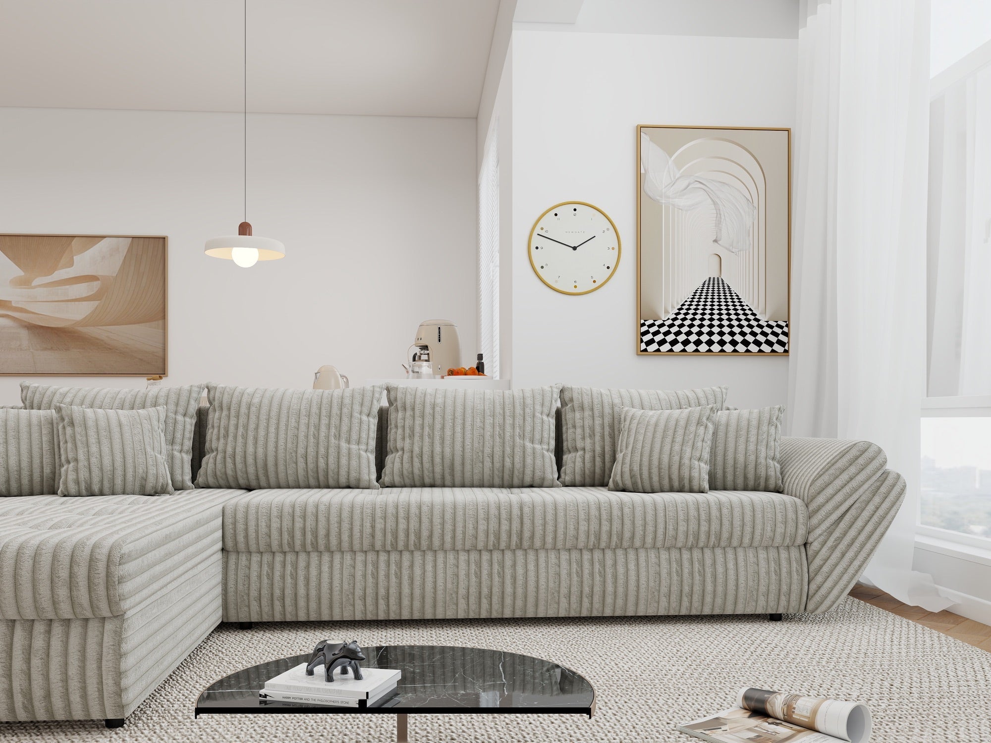 Colțar extensibil dumonde cu ladă de depozitare si sezut confortabil din spuma high-density, Loana XL Tilia Bej 08 335x185 cm