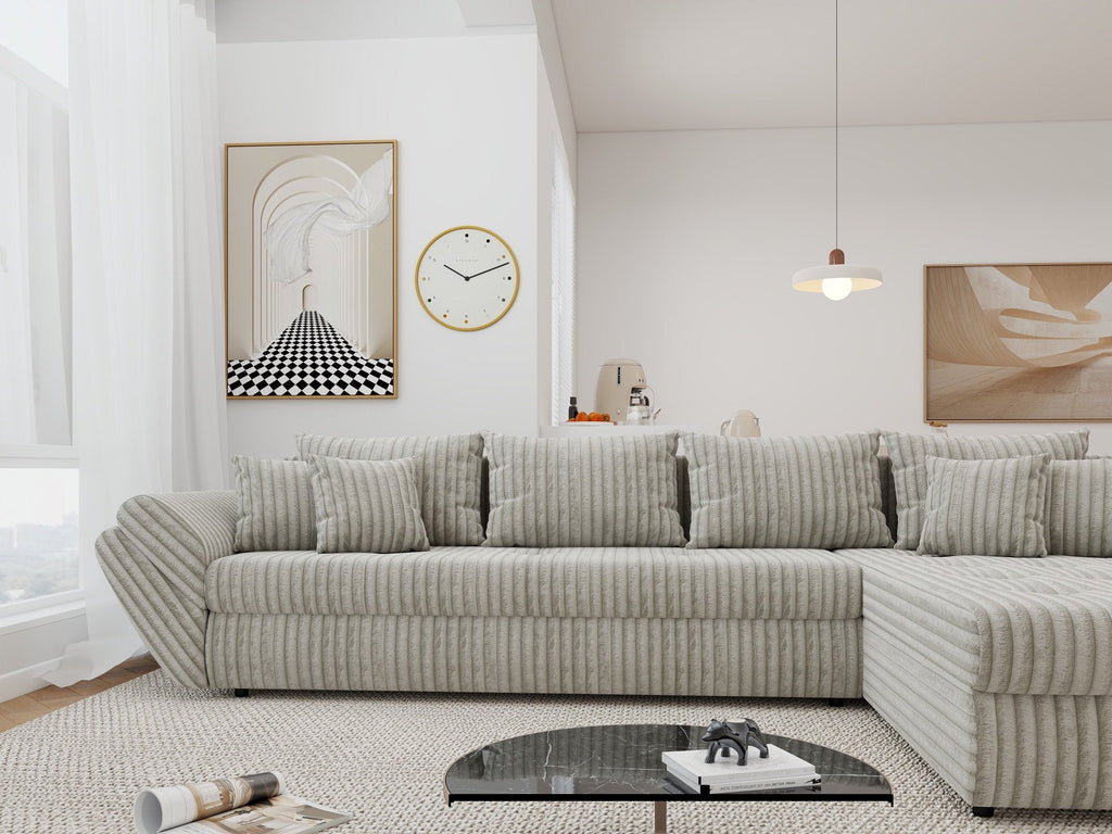 Colțar extensibil dumonde cu ladă de depozitare si sezut confortabil din spuma high-density, Loana XL Tilia Bej 08 II 335x185 cm