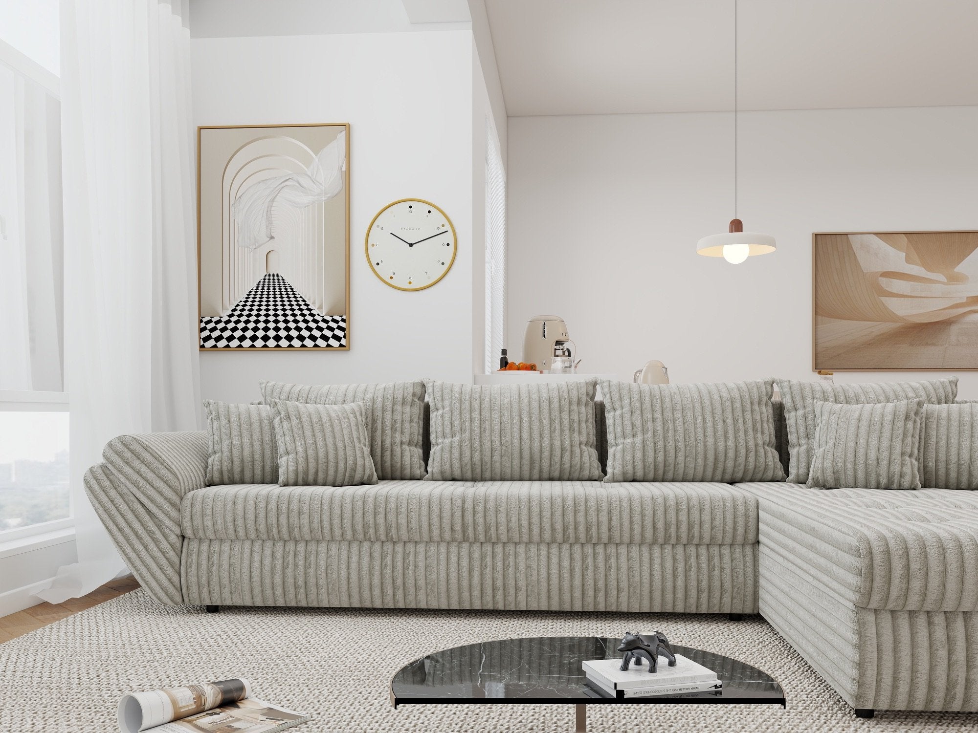 Colțar extensibil dumonde cu ladă de depozitare si sezut confortabil din spuma high-density, Loana XL Tilia Bej 08 II 335x185 cm