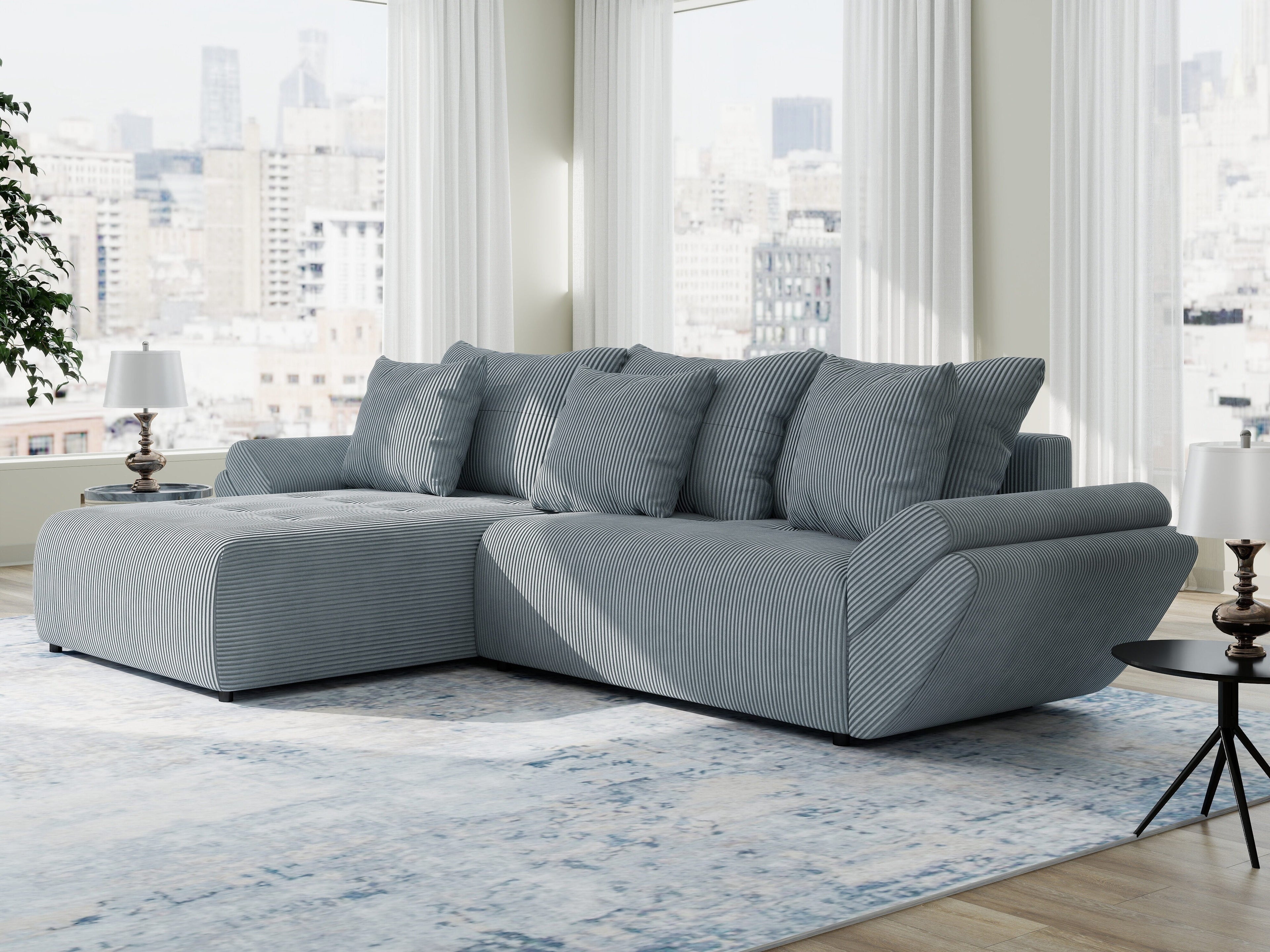 Colțar extensibil dumonde cu ladă de depozitare si sezut confortabil din spuma high-density, Berlin Zoom Gri Mint 280x185 cm