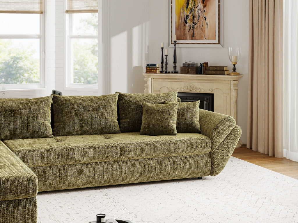 Colțar extensibil dumonde cu ladă de depozitare si sezut confortabil din spuma high-density, Loana XL Cremona Olive 335x185 cm