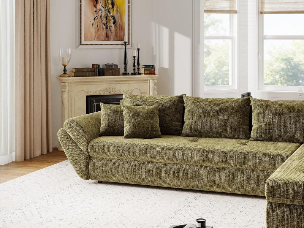 Colțar extensibil dumonde cu ladă de depozitare si sezut confortabil din spuma high-density, Loana XL Cremona Olive II 335x185 cm