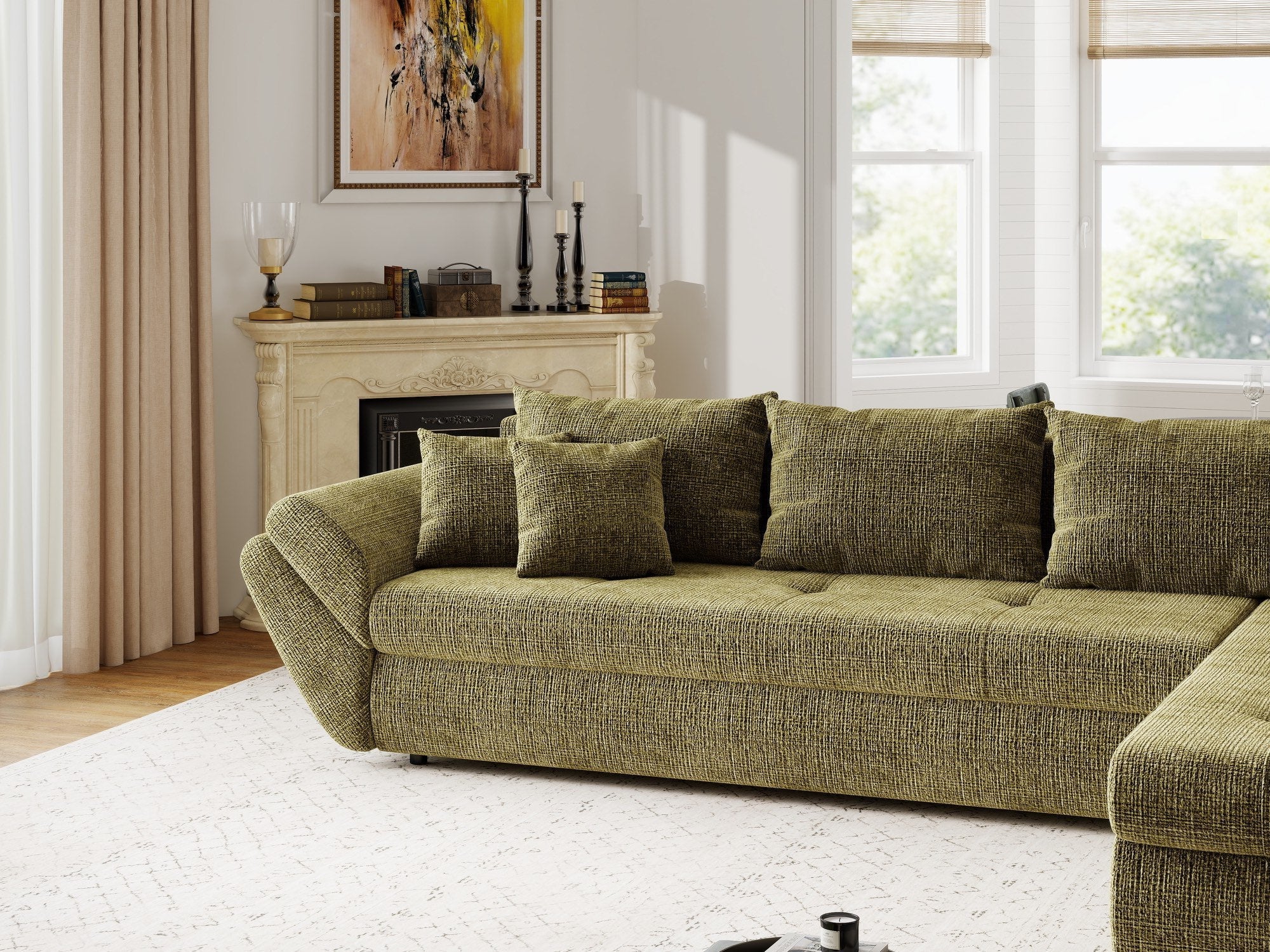 Colțar extensibil dumonde cu ladă de depozitare si sezut confortabil din spuma high-density, Loana XL Cremona Olive II 335x185 cm