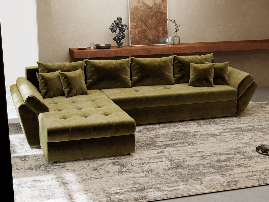Colțar extensibil dumonde cu ladă de depozitare si sezut confortabil din spuma high-density, Loana XL Monolith Verde Olive 335x185 cm