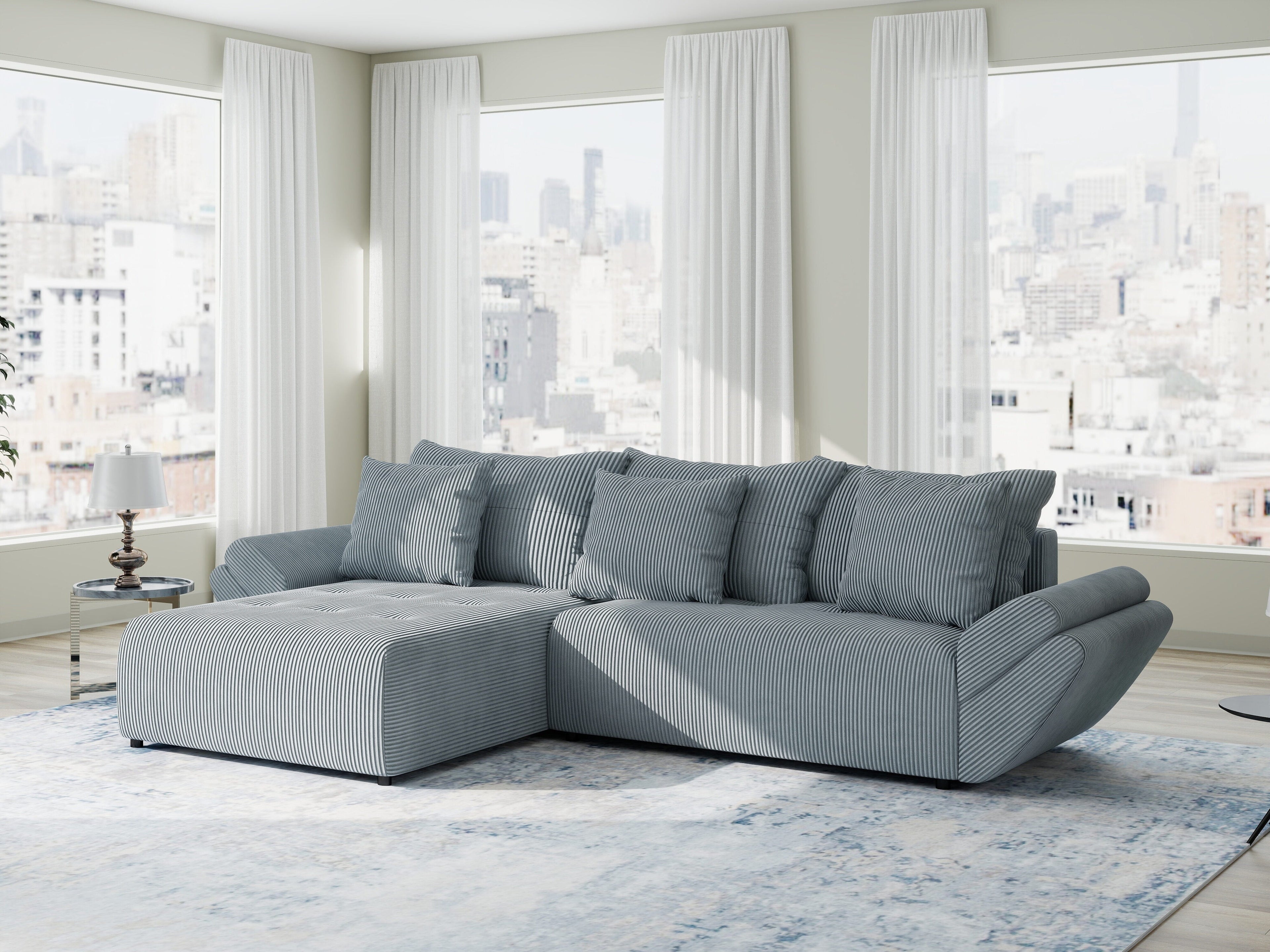 Colțar extensibil dumonde cu ladă de depozitare si sezut confortabil din spuma high-density, Berlin Zoom Gri Mint 280x185 cm